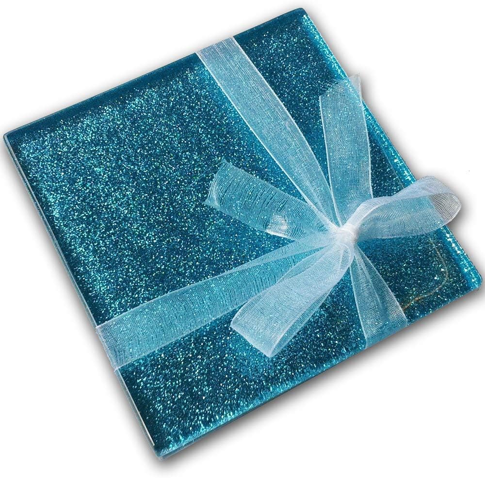 Fused Glass Light Blue Glitter Coasters Set of 6