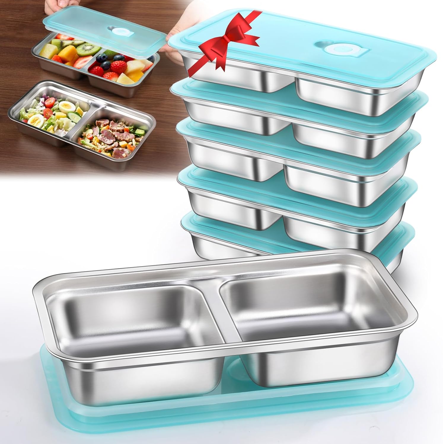 6 Pack Stainless Steel Snack Containers Reusable, Grab and Go 2 Compartment Food Storage Containers with Leakproof Lids for Travel and Outdoor Camping School Lunch Prep Dishwasher Safe