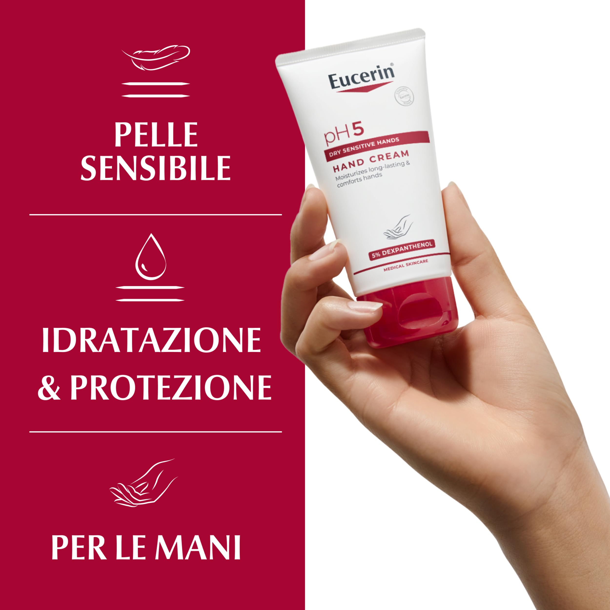 Eucerin pH5 Crema Mani 75 ml, Crema mani secche e screpolate ad assorbimento rapido per un'idratazione di lunga durata, Formula riparatrice con Dexpantenolo per pelle secca e sensibile