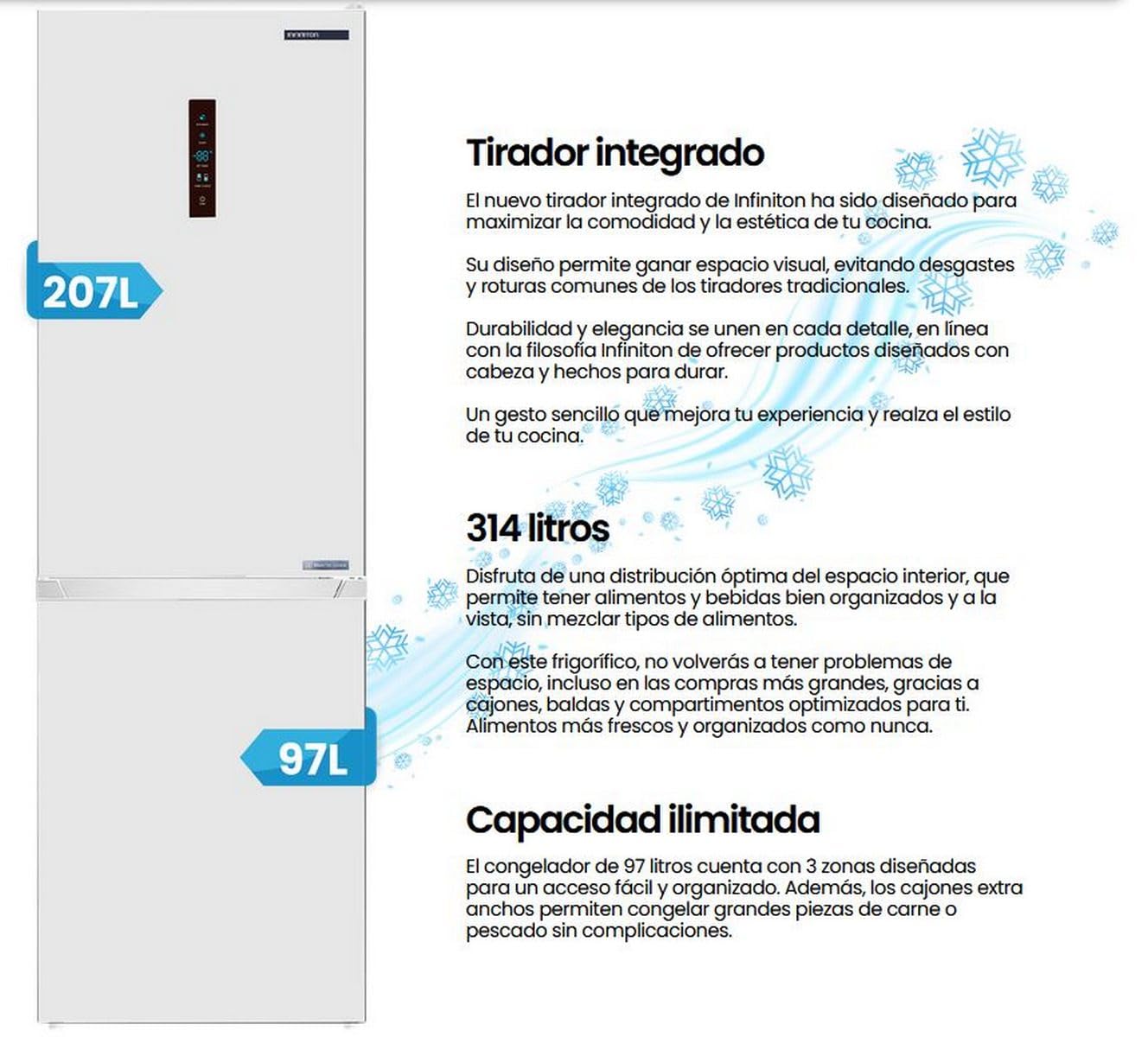 Frigorifico Combi Infiniton FGC-852C85WDK, 314 Litros, 186 cm de Altura, No Frost Clase D 35dB Inverter Fondo Especial 59cm Apertura 90º, Blanco