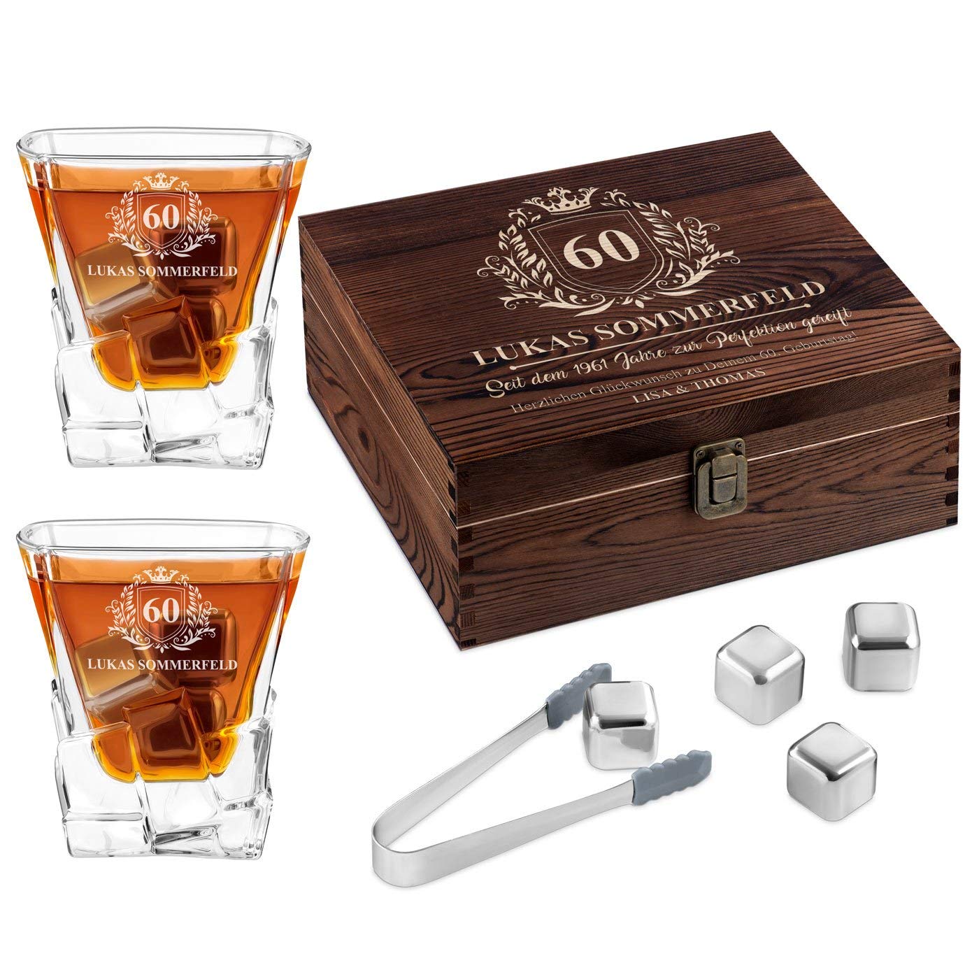 Maverton Whisky Steine Set in Holzbox mit Gravur, 8 Kühlsteine & 2 Gläser