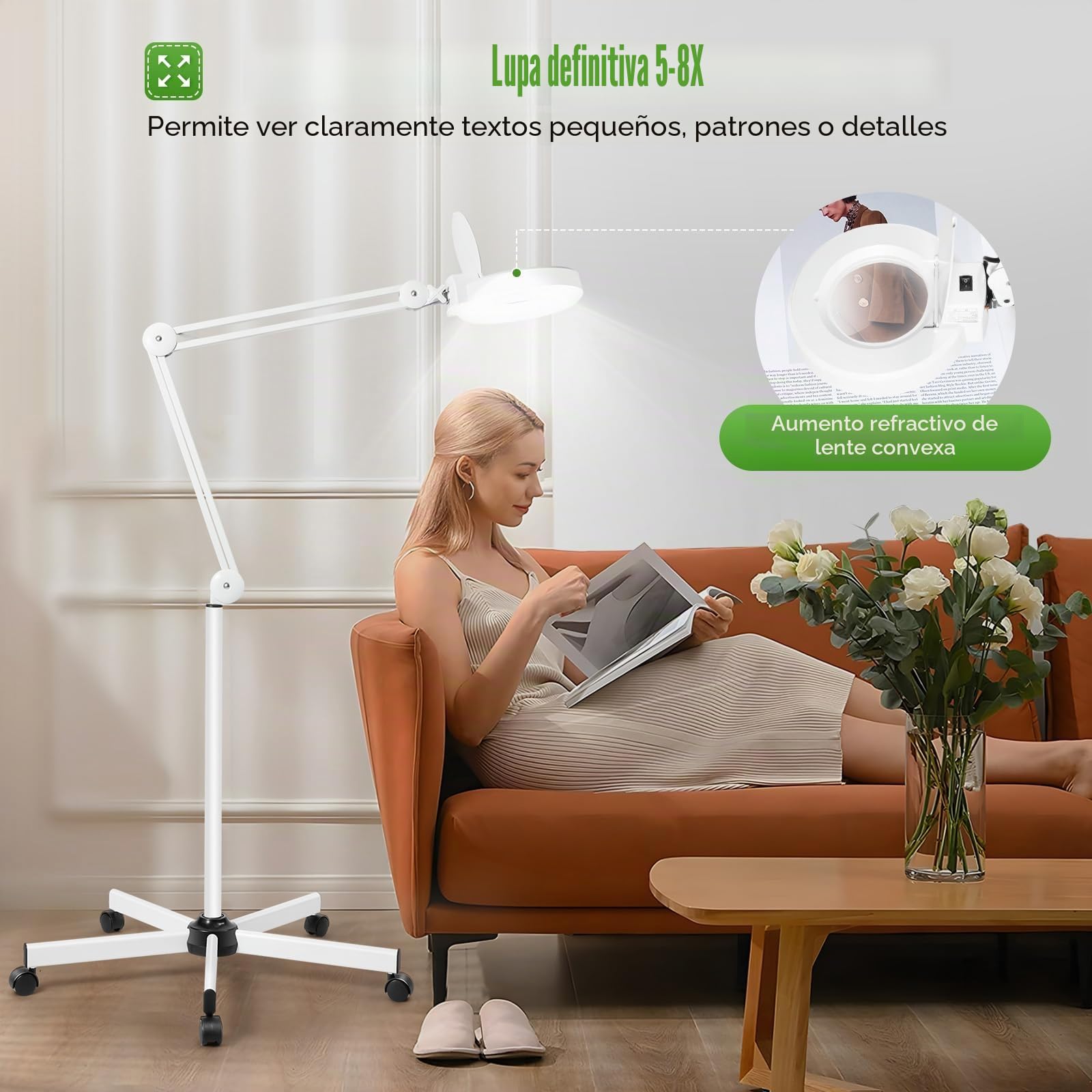 8 lámparas LED con lupa con luz, 24 W, lámpara de mesa con lupa, lámpara de pie para estudio de belleza, aumento 8X, ahorro de energía, con ruedas y brazo ajustable.