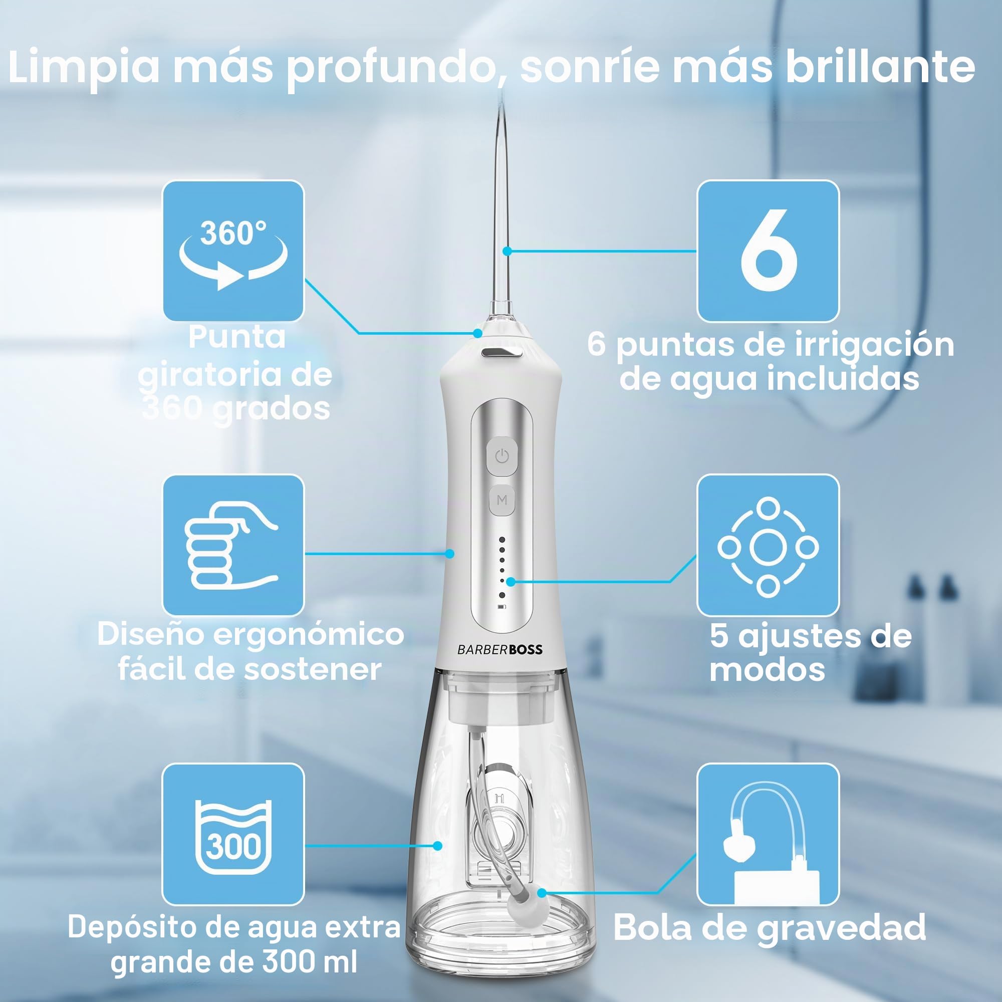 BarberBoss Irrigador Bucal Eléctrico, Limpiador de Dientes, 5 Boquillas, QR-7024 Blanco