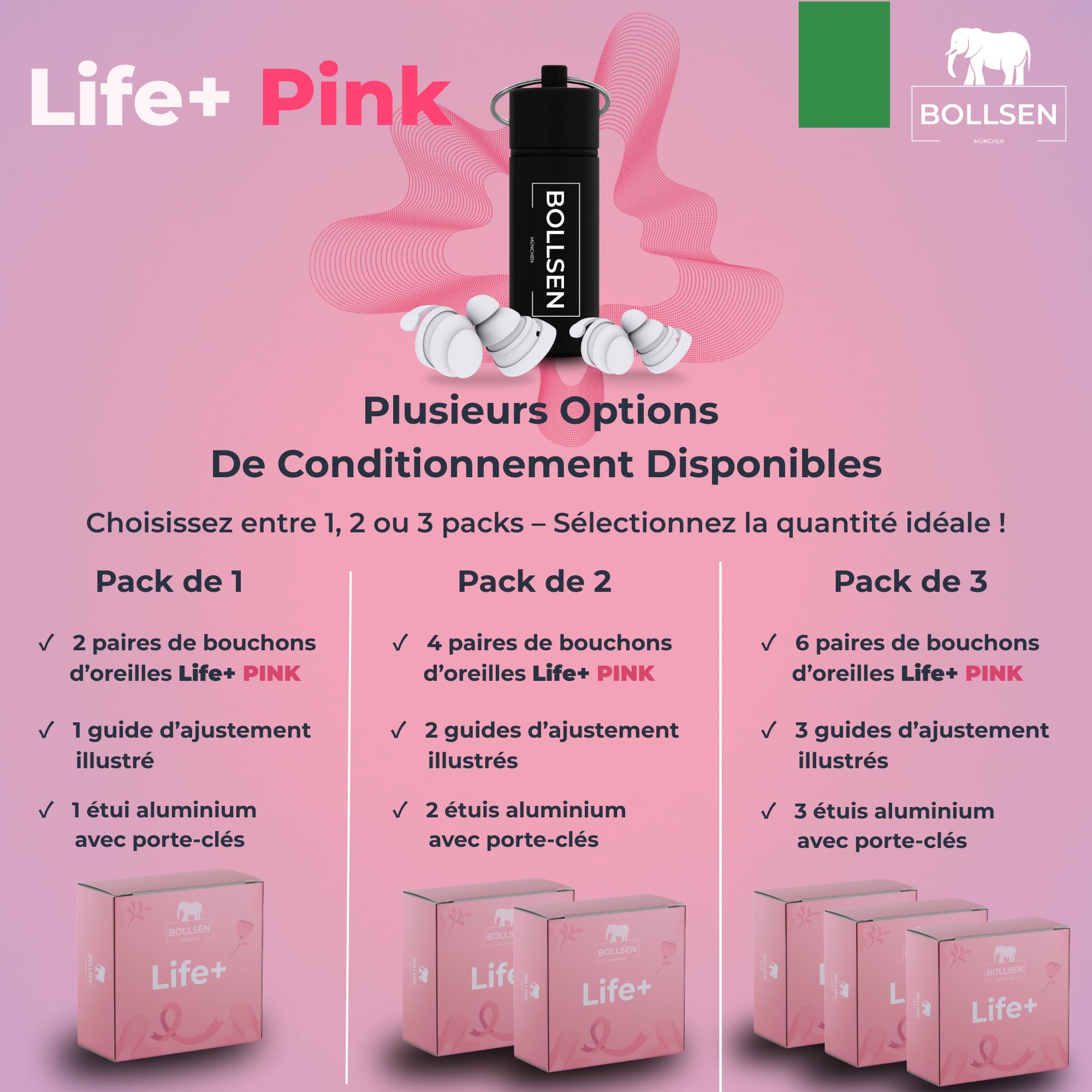 BOLLSEN Life+ Pink Bouchons d’oreilles pour dormir - Bouchons d’oreilles en silicone avec 2 tailles (S & M)-Réduction du bruit SNR 24 dB -Confortables jour et nuit - Durables et réutilisables 100x (3)