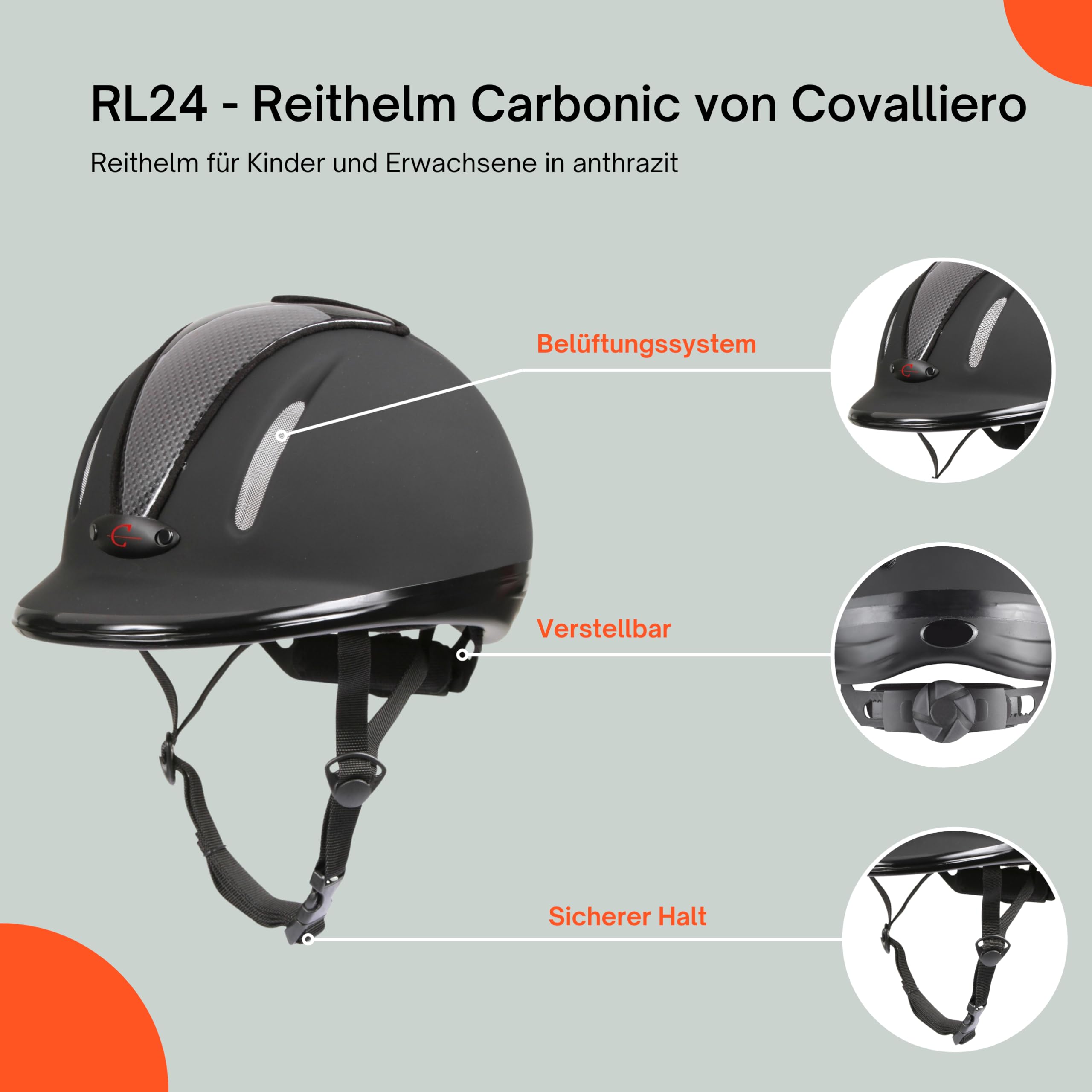 RL24 - Reithelm Carbonic von Covalliero | Reitkappe Kinder, Damen & Herren | mit 3-Punkt-Befestigung & optimalem Belüftungssystem | Helm zum Reiten | Reiterhelm in Anthrazit | Größen XS, S/M, L/XL