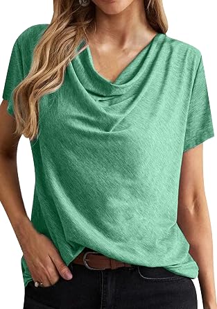 BOFETA Womens Ruched Cowl Neck Short Sleeve Tops Stretchy Comfy Blouse with Shirring Neck