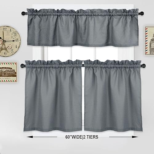 Miniatura 7 de Nanan - Cortinas cortas, tela con textura de waffle, impermeables, para cubrir ventanas en baños, cocina, cafetería, Tela, gris