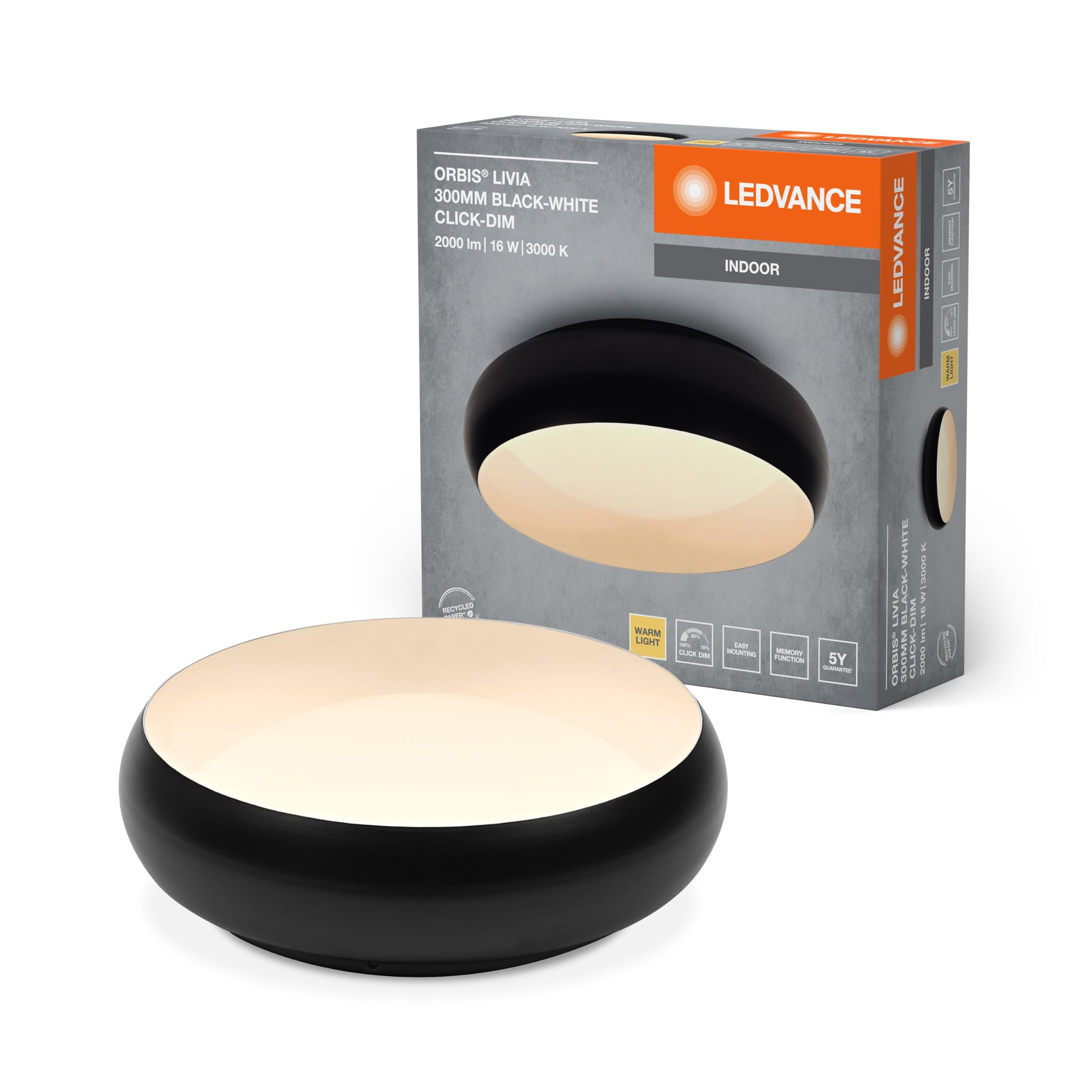 LEDVANCE ORBIS Livia LED with Metal Ring, Black and White, 16 W, 1000 lm, 3000 K, 3000 mm, 830 Warm White, 3 Clickable Levels, IP20, Mounting Screws and Plugs Included