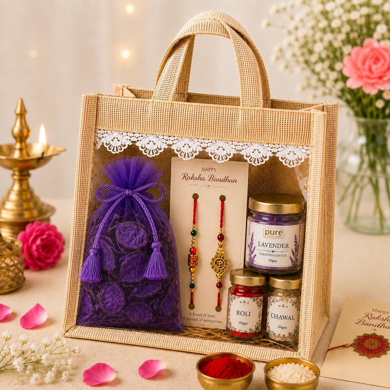 Pure Source India Raksha Bandhan Gift Hamper for Brother | Premium Jute Gift Bag with 2 Designer Rakhi, Lavender Scented Candle, Purple Potpourri, Roli & Chawal
