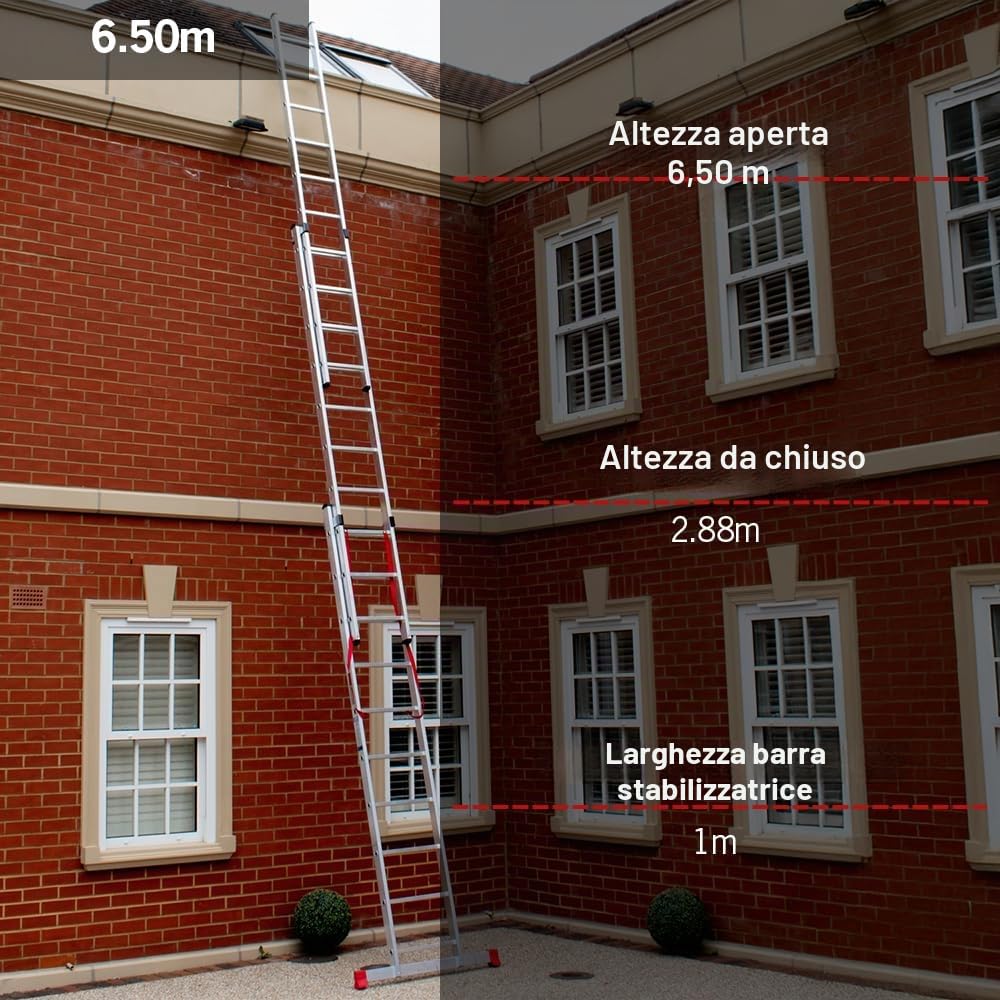 Scala estensibile a 3 sezioni Home Master® | Alluminio leggero | Barra stabilizzatrice | 150 kg | Certificazione EN131 | Dimensioni: 3 x 10