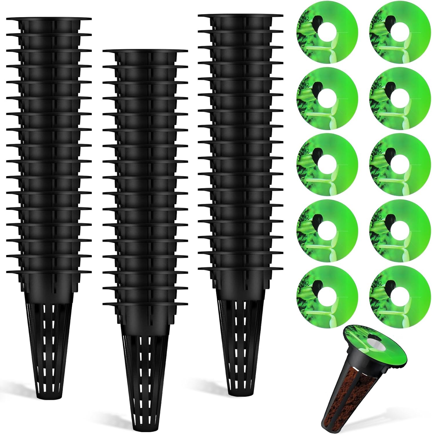 Cunhill 100 Pcs Hydroponic Growing Kit Include 50 Pcs Plant Replacement Basket Containers and 50 Pcs Seed Pot Label Compatible with Hydroponic Growing System(0.5 Inch,Black)