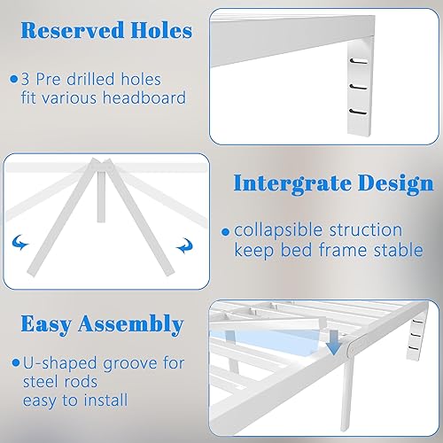 Miniatura 6 de Marco de cama de tamaño completo blanco de 12 pulgadas con deflectores, marco de cama completo de metal sin necesidad de somier, soporte de