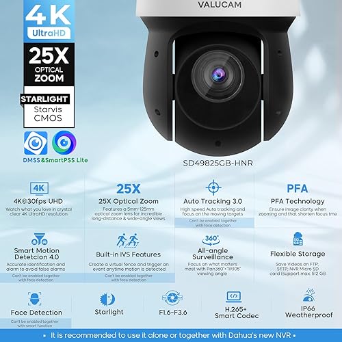 Miniatura 2 de Cámara para exteriores 4K PTZ PoE IP de alta velocidad, zoom óptico de 25x (0.197-4.921 in), seguimiento automático PFA, detección de rostros IVS,