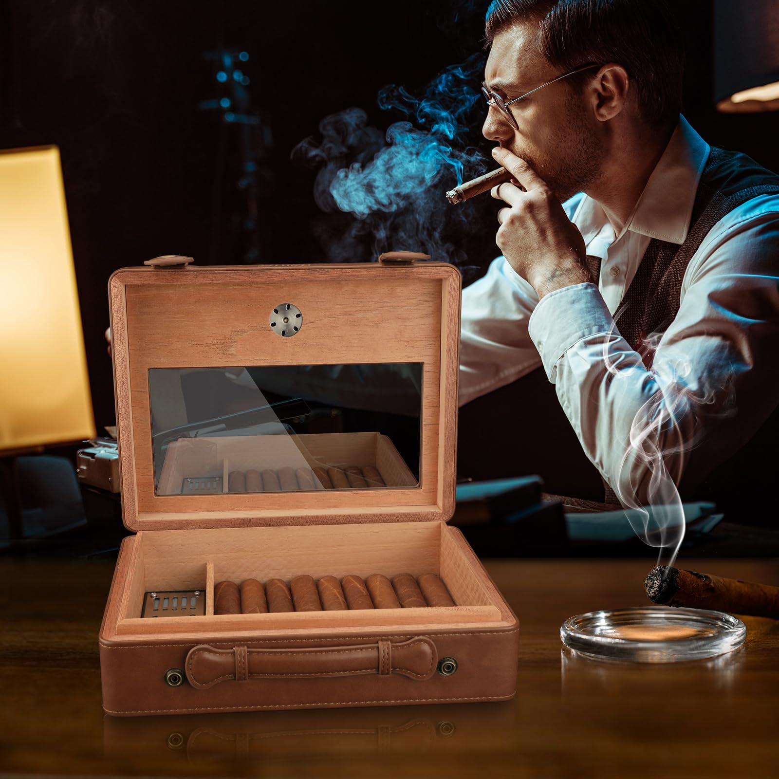 Cave à cigares, Accessoires de Voyage, boîte à cigares Portable avec Couvercle en Verre, hygromètre et humidificateur, Doublure en Bois de cèdre, Grande Cave à cigares