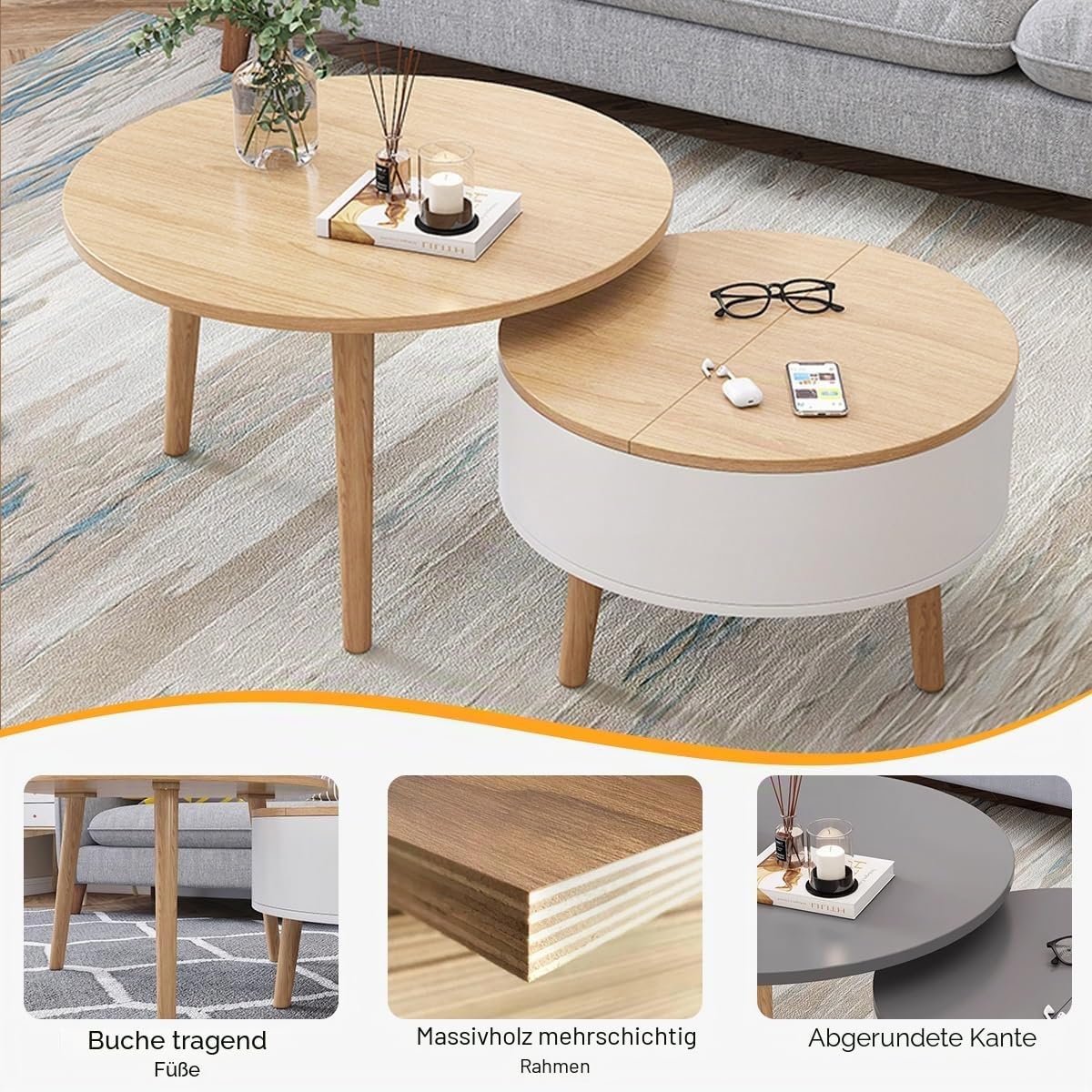 2er Set Runde Couchtische mit Stauraum, Stapelbare Wohnzimmertische aus Holz mit Klappdeckel, Kleiner Beistelltisch mit Verstecktem Fach für Wohnzimmer oder Kleine Räume(60cm/23.6in,Brown/white)