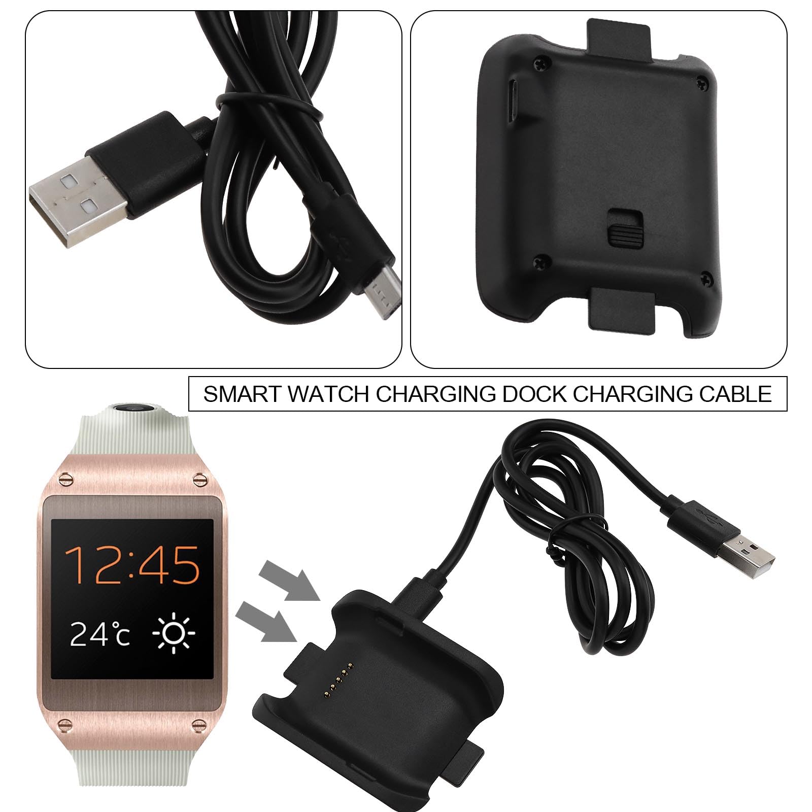 OTOTEC 2 Sets Smart Watch Charger Base with USB Cable Compatible with Samsung Galaxy Gear SM-V700 Smart Watch Accessory Balck 70cm