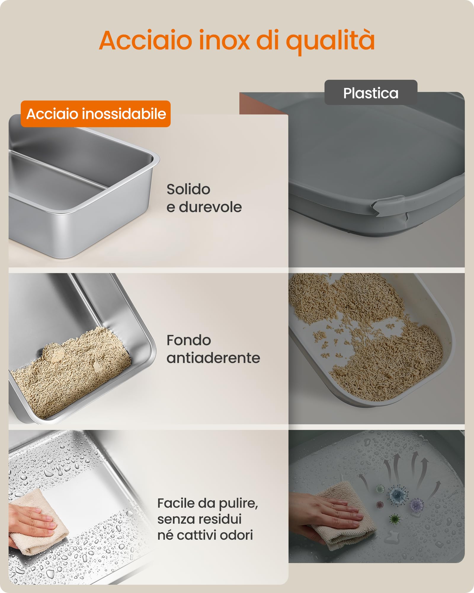 Feandrea Lettiera per Gatti in Acciaio Inox con Coperchio, Lettiera Chiusa, 2 Ingressi, Paletta e Spazzola, Toilette per Gatti fino a 15 kg, Grigio Chiaro PPT021G101