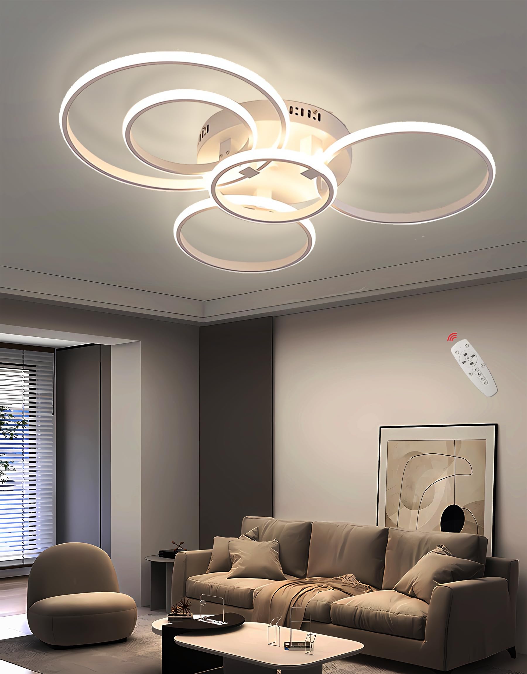 QYSMGS LED Ceiling Lighting Modern Living Room Ring Ceiling Lamps Dimmable with Remote Contro Flush Mount Ceiling Light for Living Room Bedroom Parlour (White, 5 Rings)