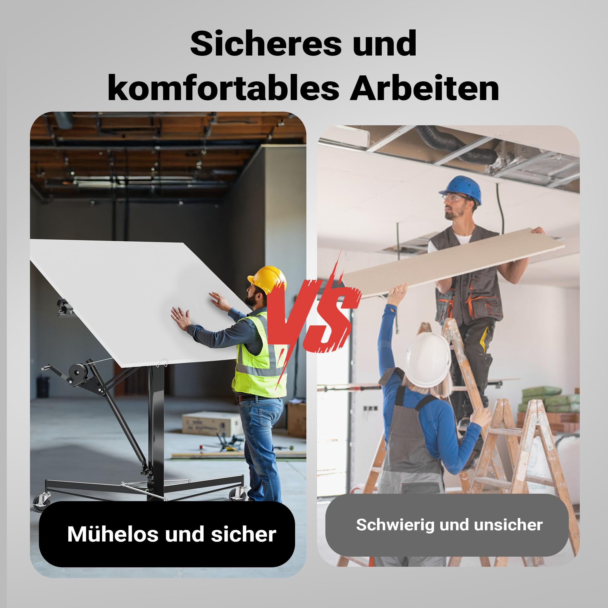 Wiltec XXL Plattenheber bis max. 68 kg, Höhe 140-350 cm, max. Breite 2,90 m, Trockenbau Montagehilfe 1-Mann-Bedienung, 3 Räder mit Feststellbremse, schwarz