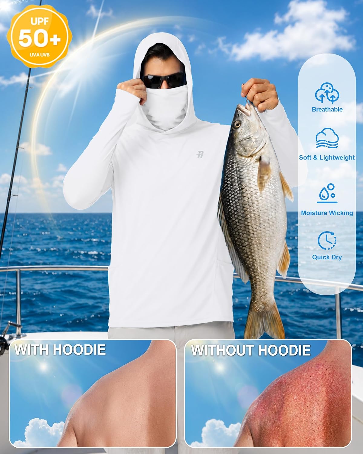 Runhit Mens UPF 50+ Fishing Shirt Hoodie with Mask UV Sun Protection Long Sleeve Shirt Rash Guard Hiking Lightweight Cooling
