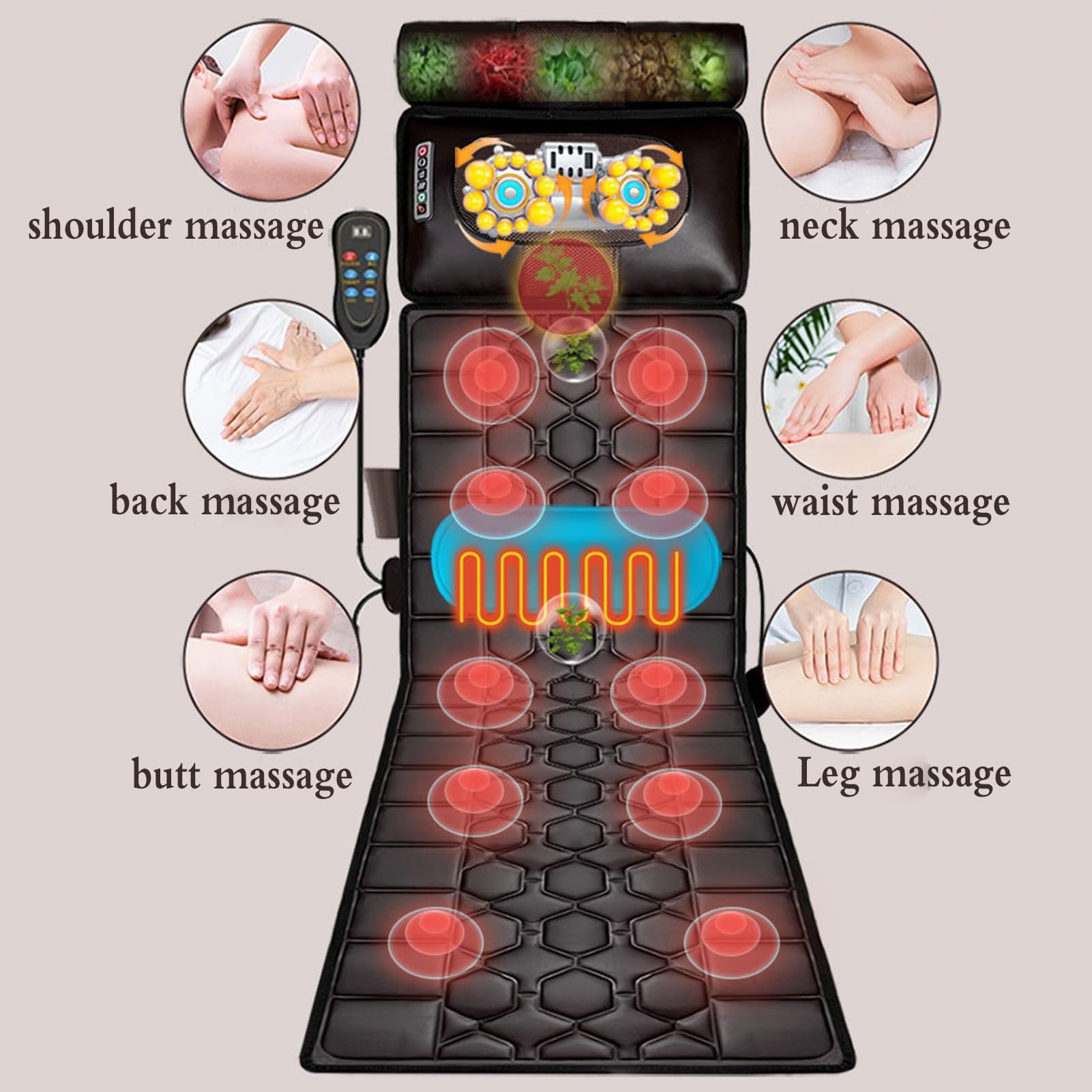 Tappetino per massaggio completo del corpo con calore, 20 testine per massaggio Shiatsu per il collo, massaggiatori per la schiena per alleviare il dolore alla schiena, al collo, alla vita e alle