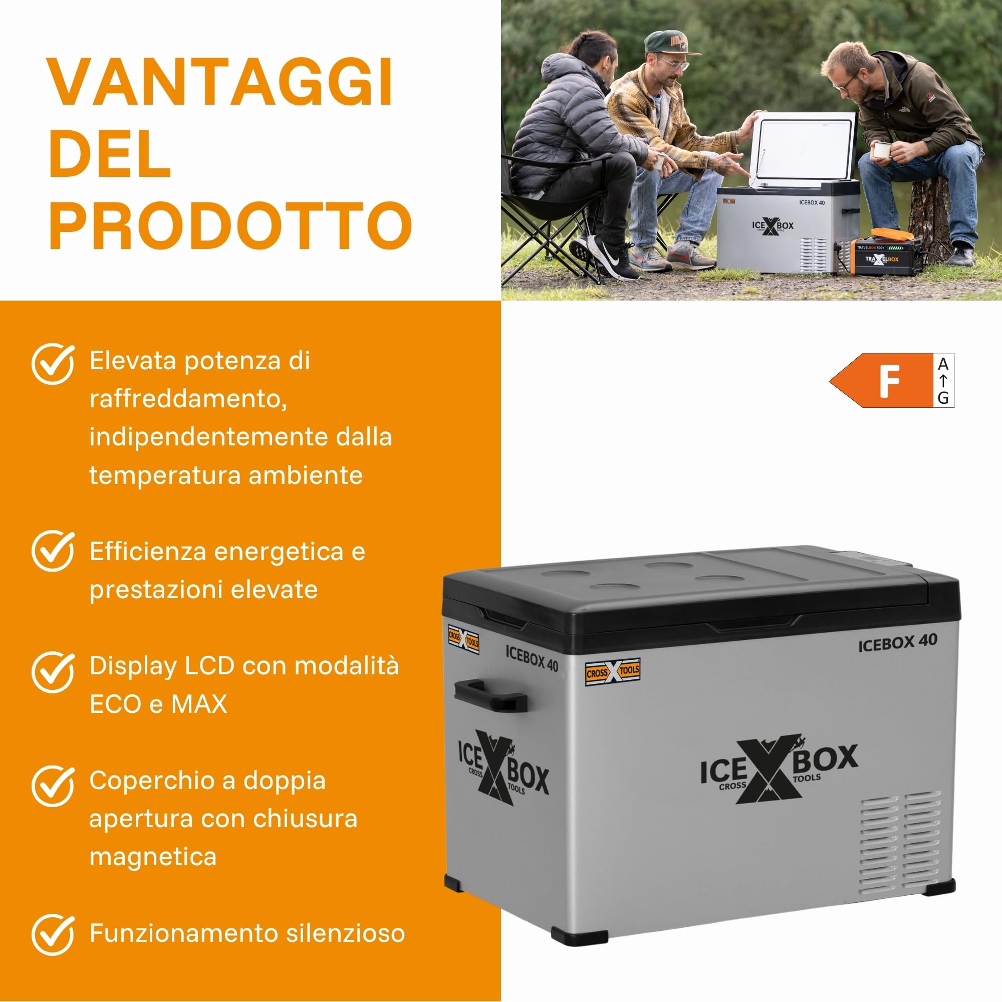 CROSS TOOLS Frigorifero portatile elettrico con compressore 37L -20°C, campeggio e auto, congelatore portatile, frigorifero con app, 230V/12V/24V, 65x37,5x42,7cm, ICEBOX 40