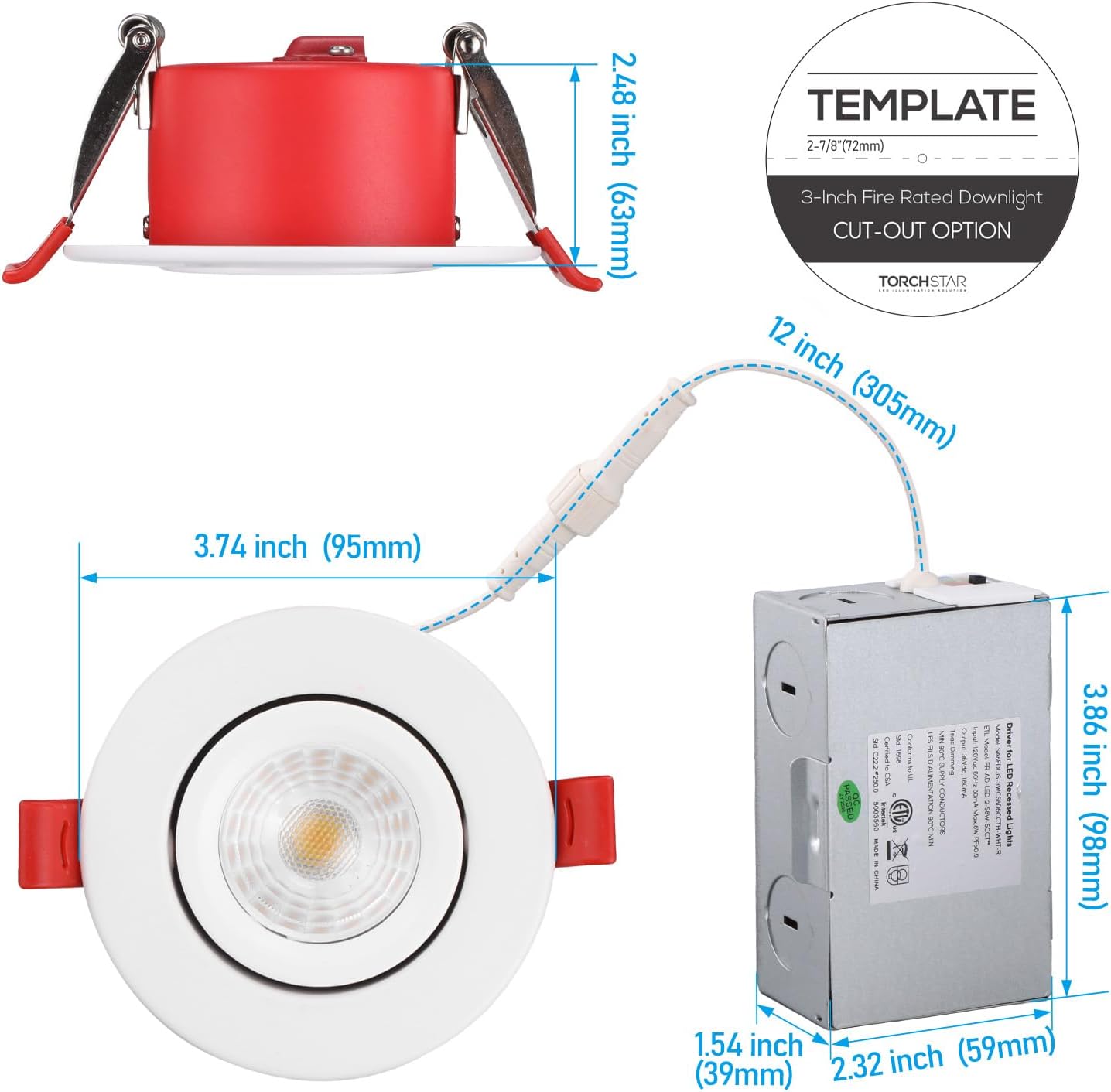 TORCHSTAR 3 Inch 2 Hour Fire Rated Gimbal LED Recessed Light, Meets UL263 & ASTM E119, IC Rated Airtight 7W Canless Downlight with J-Box, 5CCT Dimmable for Fire-Rated Commercial Ceilings