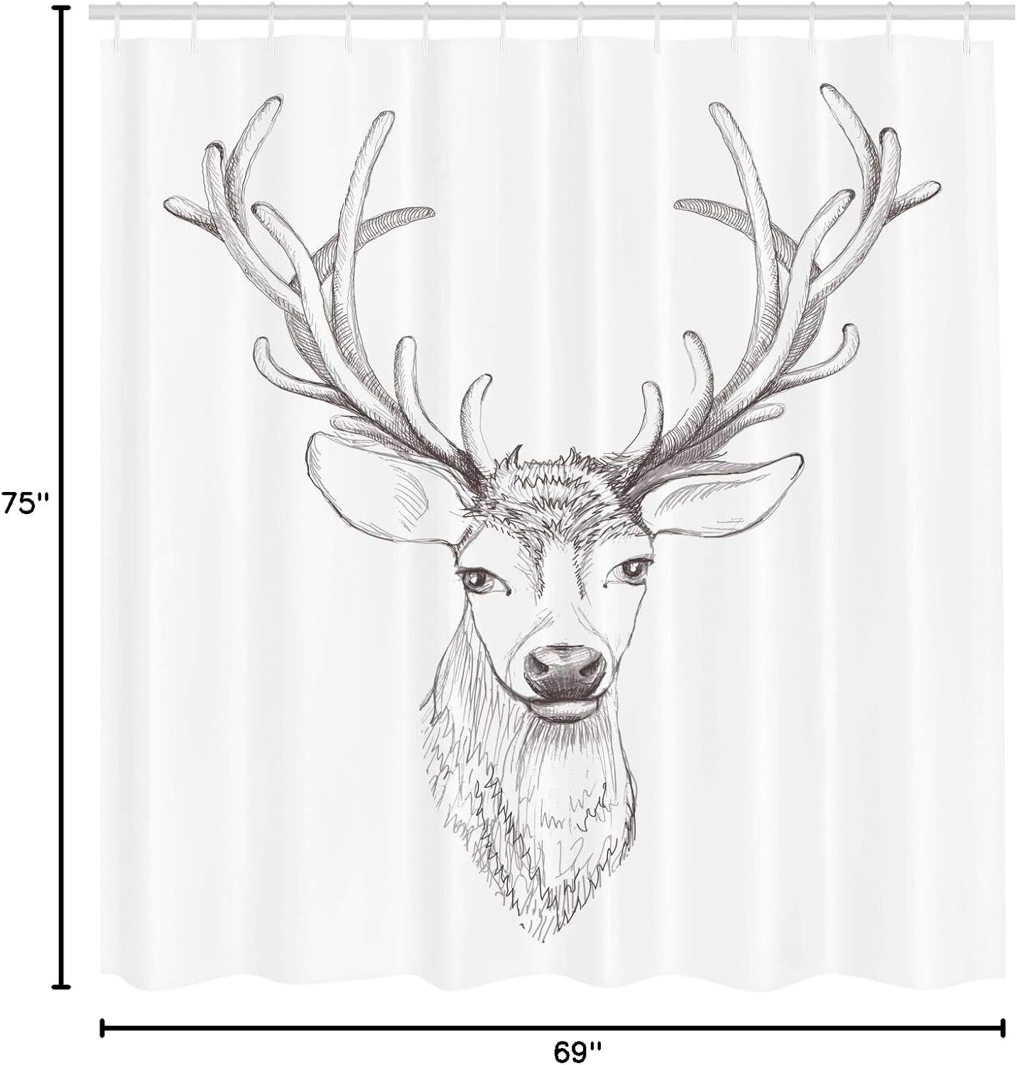 Ambesonne Antlers Shower Curtain, Sketch of Deer Head Illustration Style Black and White Monochromic Wild Animal Art, Cloth Fabric Bathroom Decor Set with Hooks, 69" W x 75" L, Warm Taupe