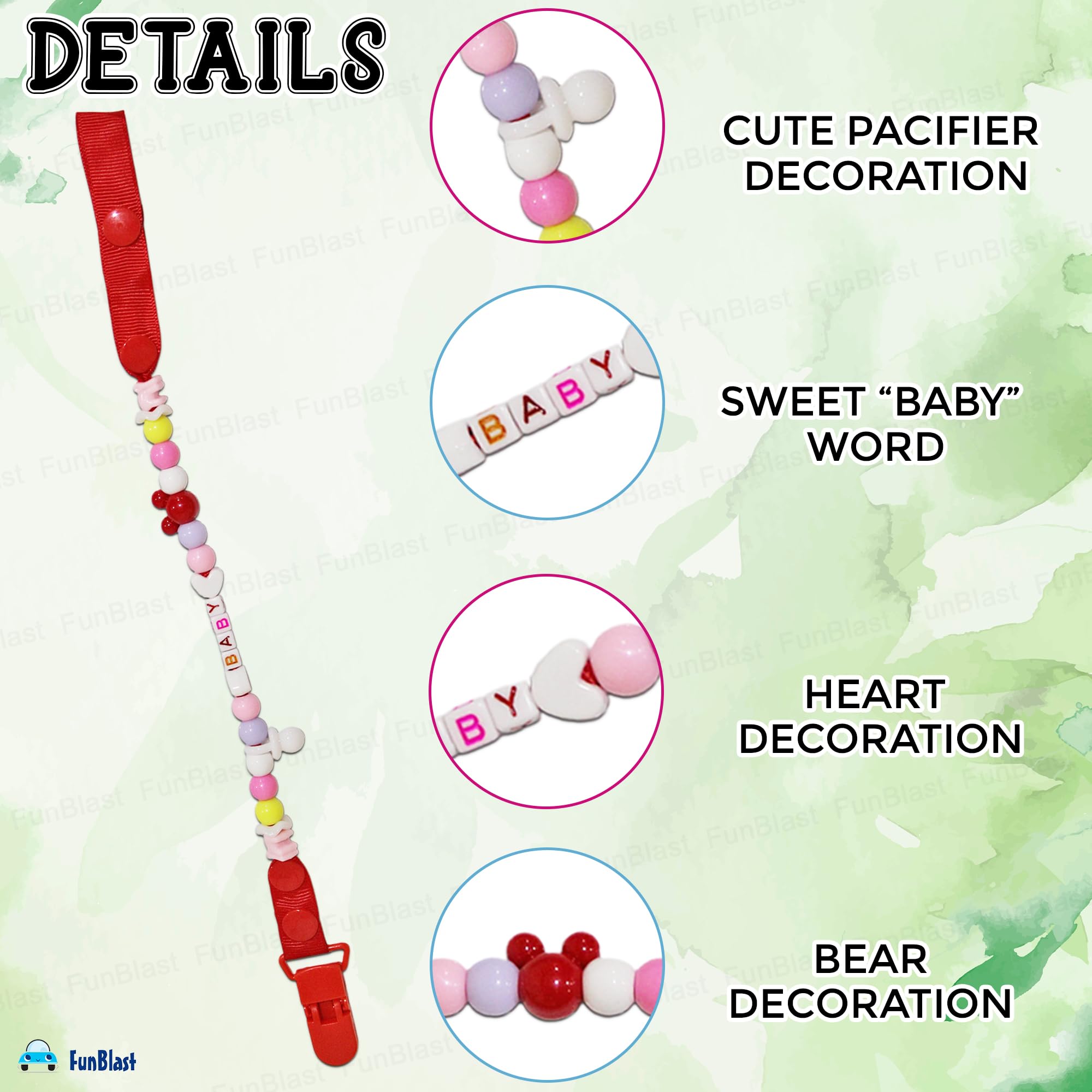 FunBlast Nipples Children Holder Pacifier Clip - Adjustable New Baby Beads Chain Rope Dummy Teether Holders Leash for 0+ Months Babies, Newborn, Toddlers (Red) - Image 2 thumbnail