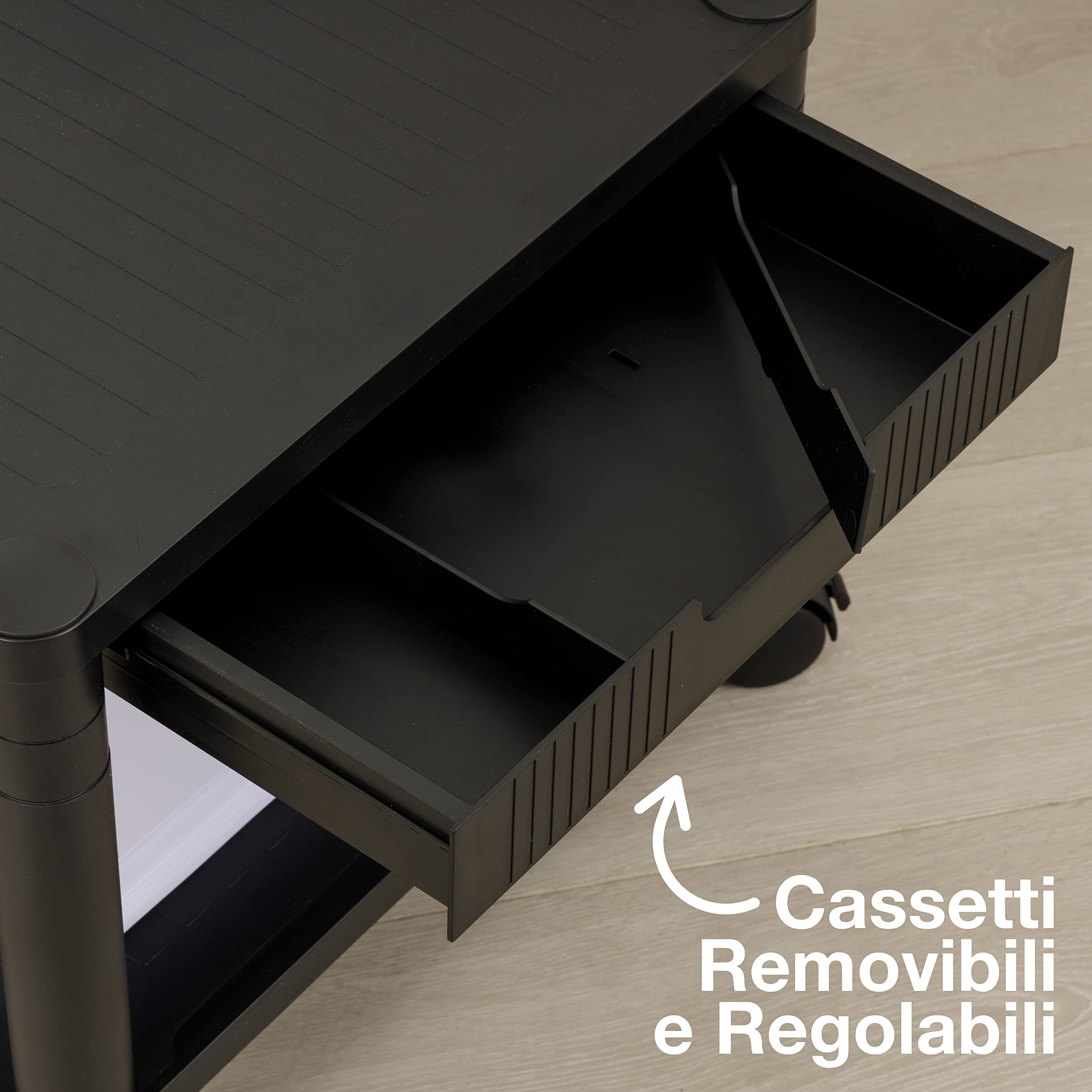 Baroni Home Mobile Ufficio con Ruote e Cassetto con Tre Ripiani, Carrello con Scaffali in Plastica, Supporto con Piano d’Appoggio per Stampante, Nero