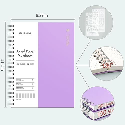 Miniatura 53 de EMSHOI Cuaderno de puntos en espiral A4, 150 hojas (300 páginas), diario de cuadrícula de puntos de 3.53 oz/m², tapa blanda impermeable, diario