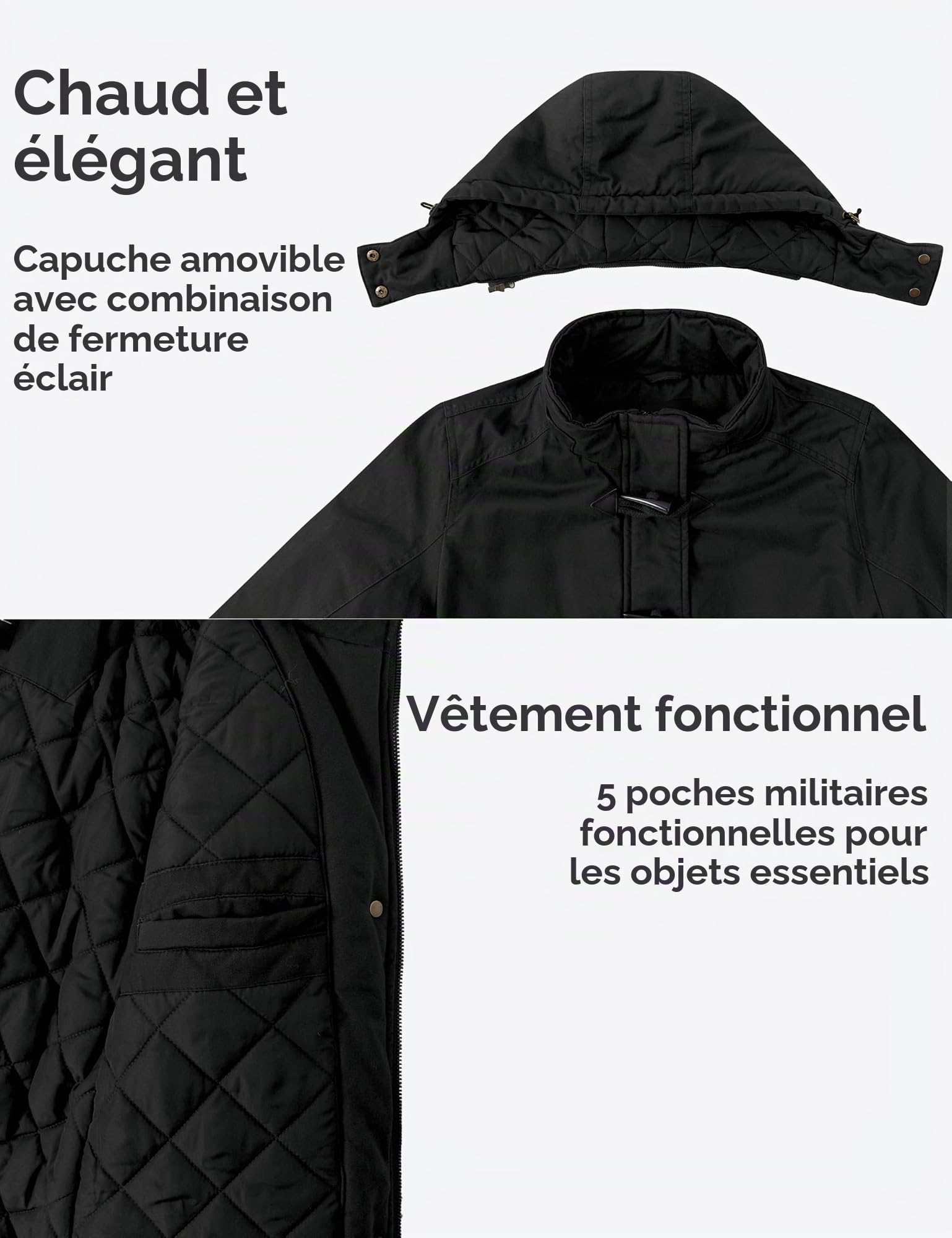Wantdo Femme Duffle Coat Doublure Polaire Manteau Chaud en Coton Manteau à Capuche Détachable Veste Hiver Parka Militaire Slim Fit