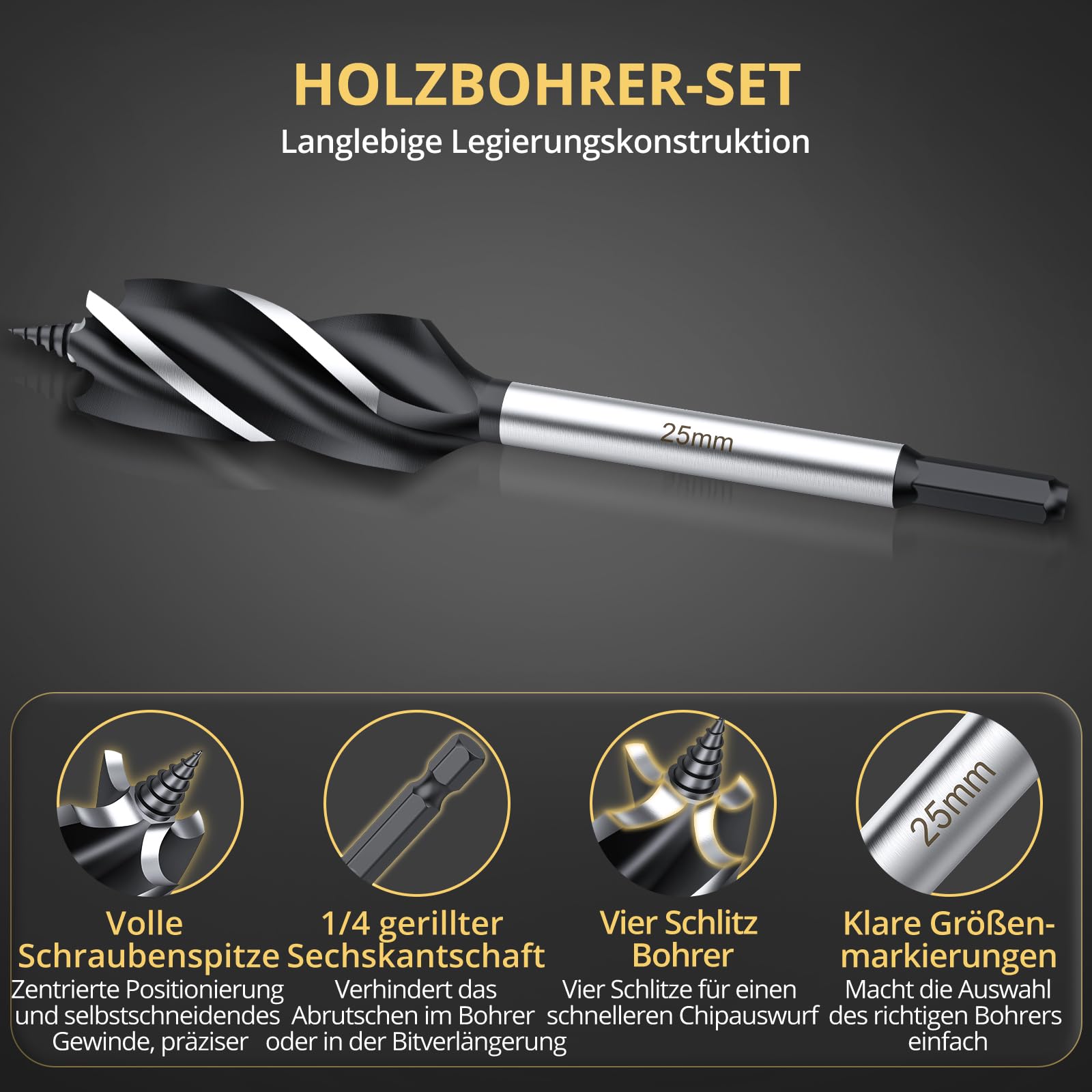 AMTOVL Holzbohrer-Set 5-teilig – Kohlenstoffstahl Bohrer 15mm, 20mm, 25mm, 30mm, 35mm Für Holzbearbeitung, Kompatibel Mit Hand- & Standbohrmaschinen
