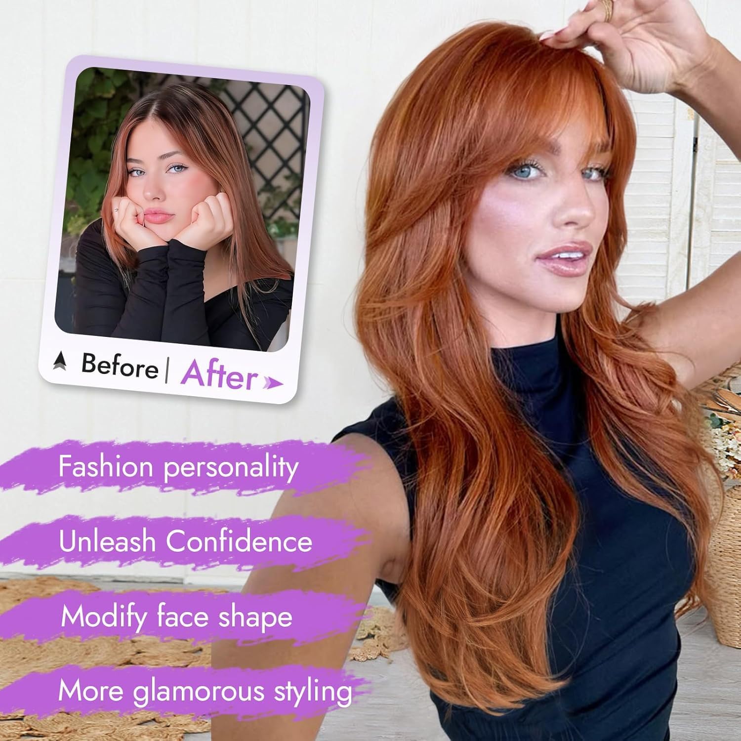 Auburn Long Layered Wigs Human Hair with Bangs for Women Heat Resistant Real Hair Wig Natural Look for Daily Party and Everyday Life (Auburn,26 Inch) - Image 3