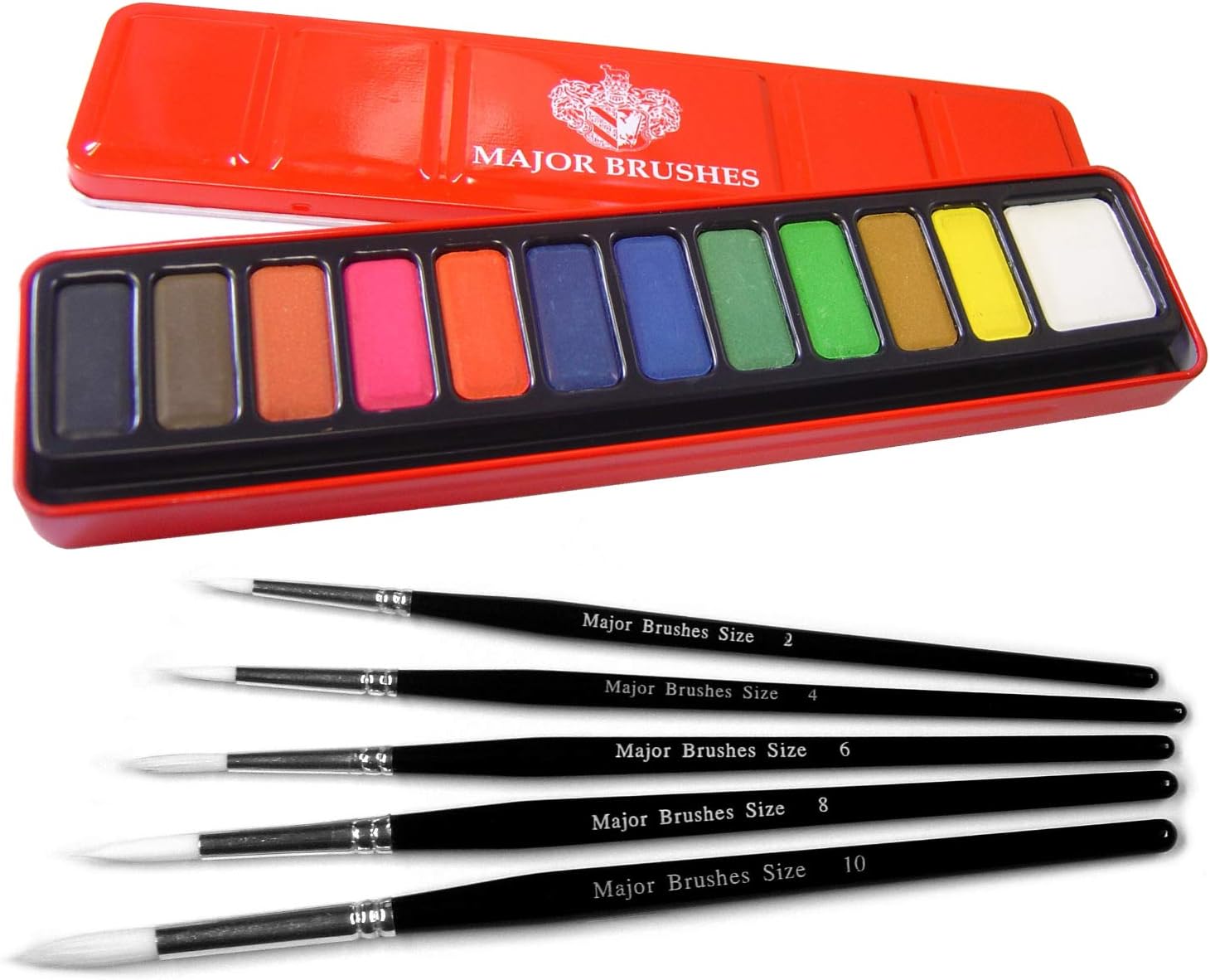 Major Brushes White Sable Round Brush Set of 5 Plus Artist Watercolour Paint Tin 12 Blocks Red Metal Lid