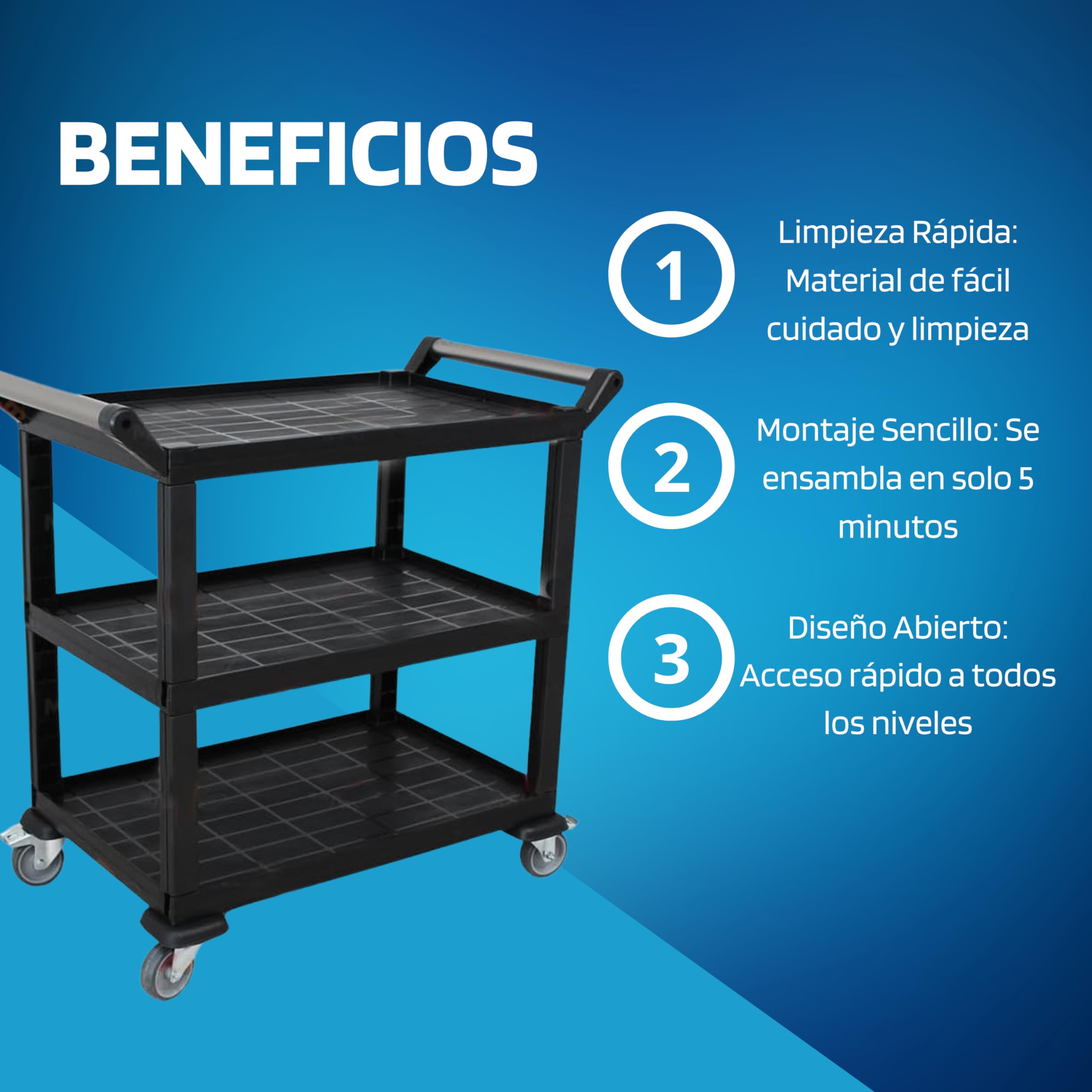 Carro De Servicio De 3 Niveles - Carrito Auxiliar Con Ruedas Para Cocina, Hostelería Y Hogar - Capacidad De Carga De 70 Kg Por Estante, Fácil Limpieza, Montaje Rápido, Material Resistente De Polipropi