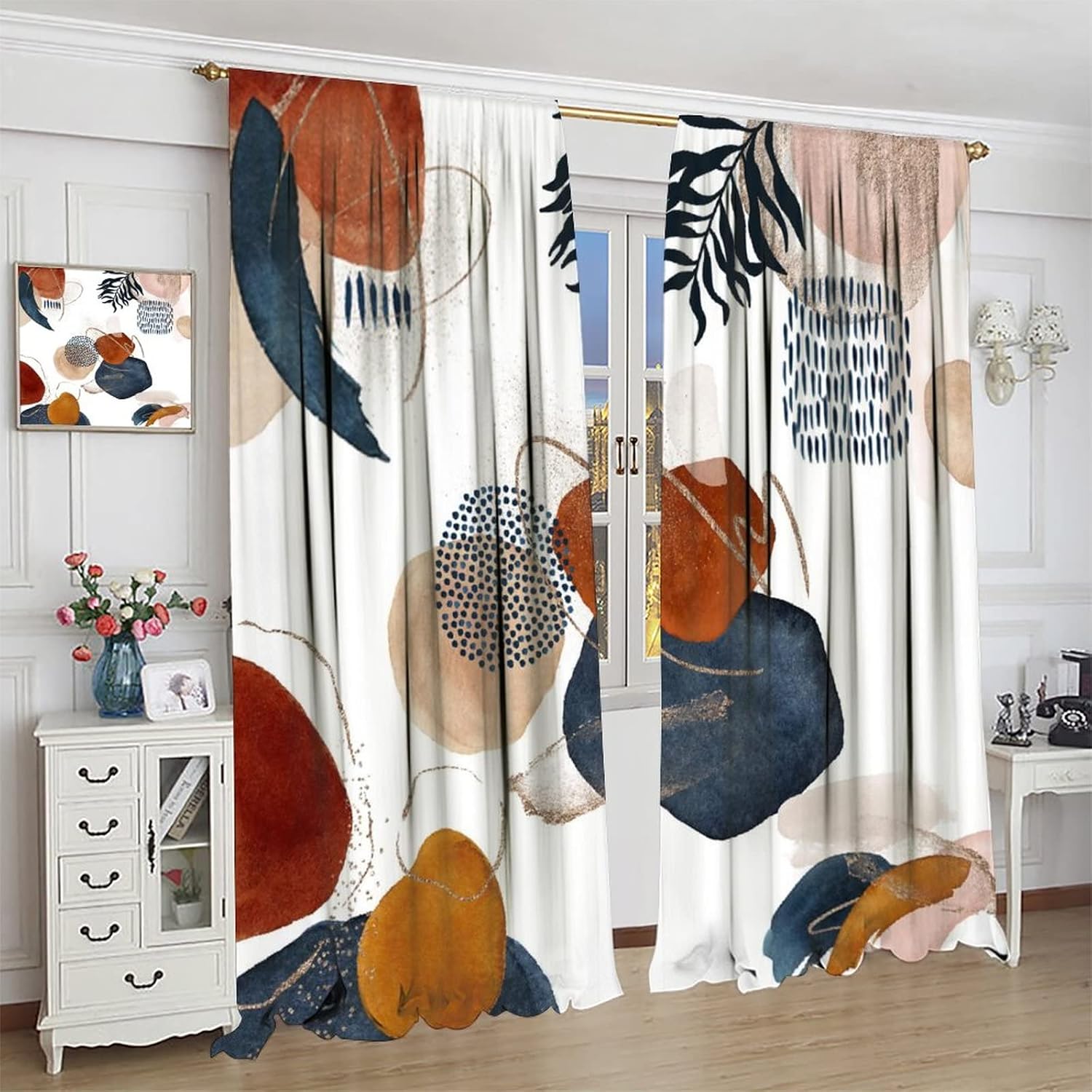 Abstract Modern Art Blackout Curtains for Living Room,Retro Mid Century Leaves Bohemian Geometric Floral Plant Window Drapes - Thermal Insulated and Noise Reduction,2 Panels 63L x 21Ws