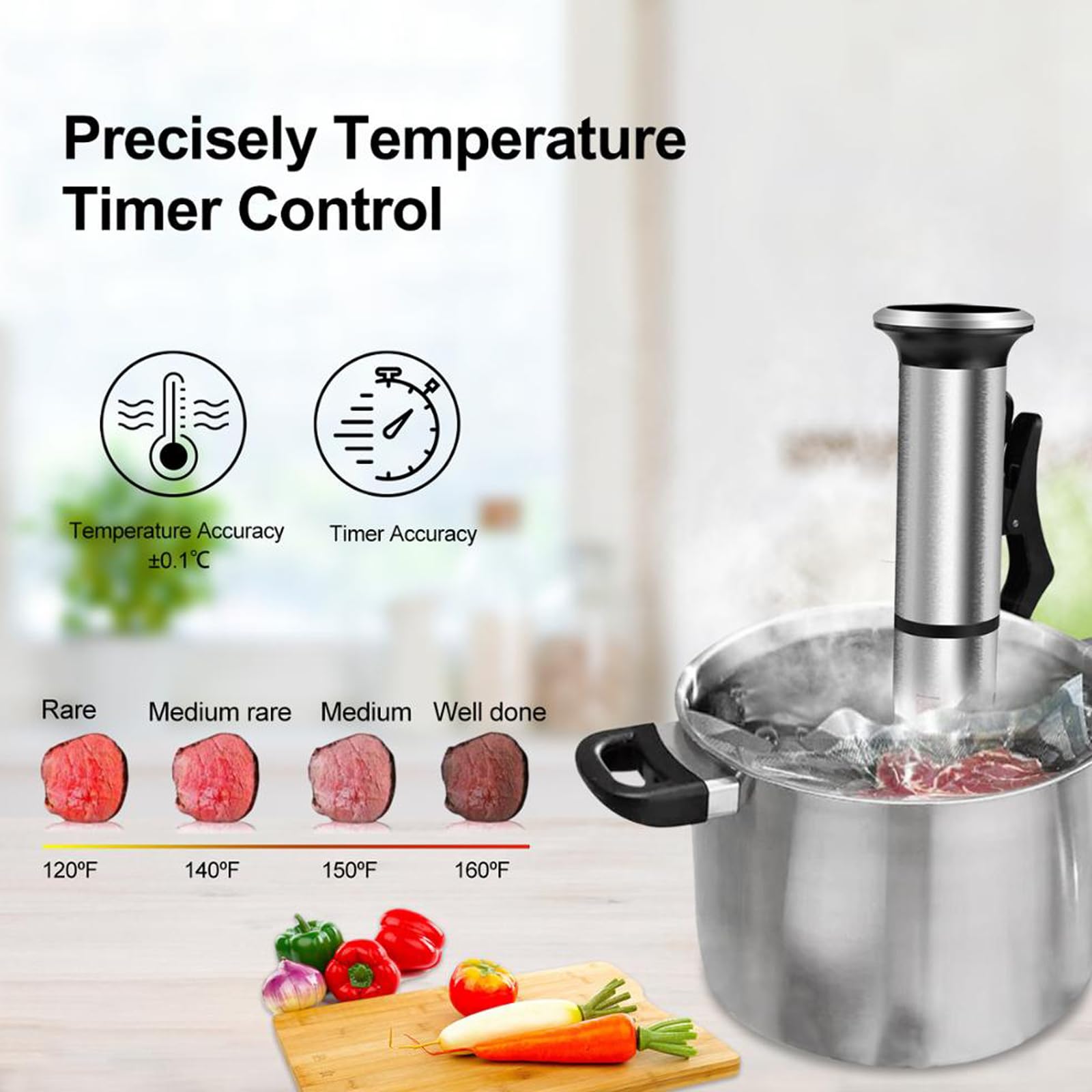 XoTiq Cocina Sous Vide, Máquina Sous Vide 1200 W, Cocina de Precisión Impermeable IPX7 con Abrazadera Ajustable y Pantalla Táctil LED Digital, Control Táctil, Temperatura Precisa, Circulador