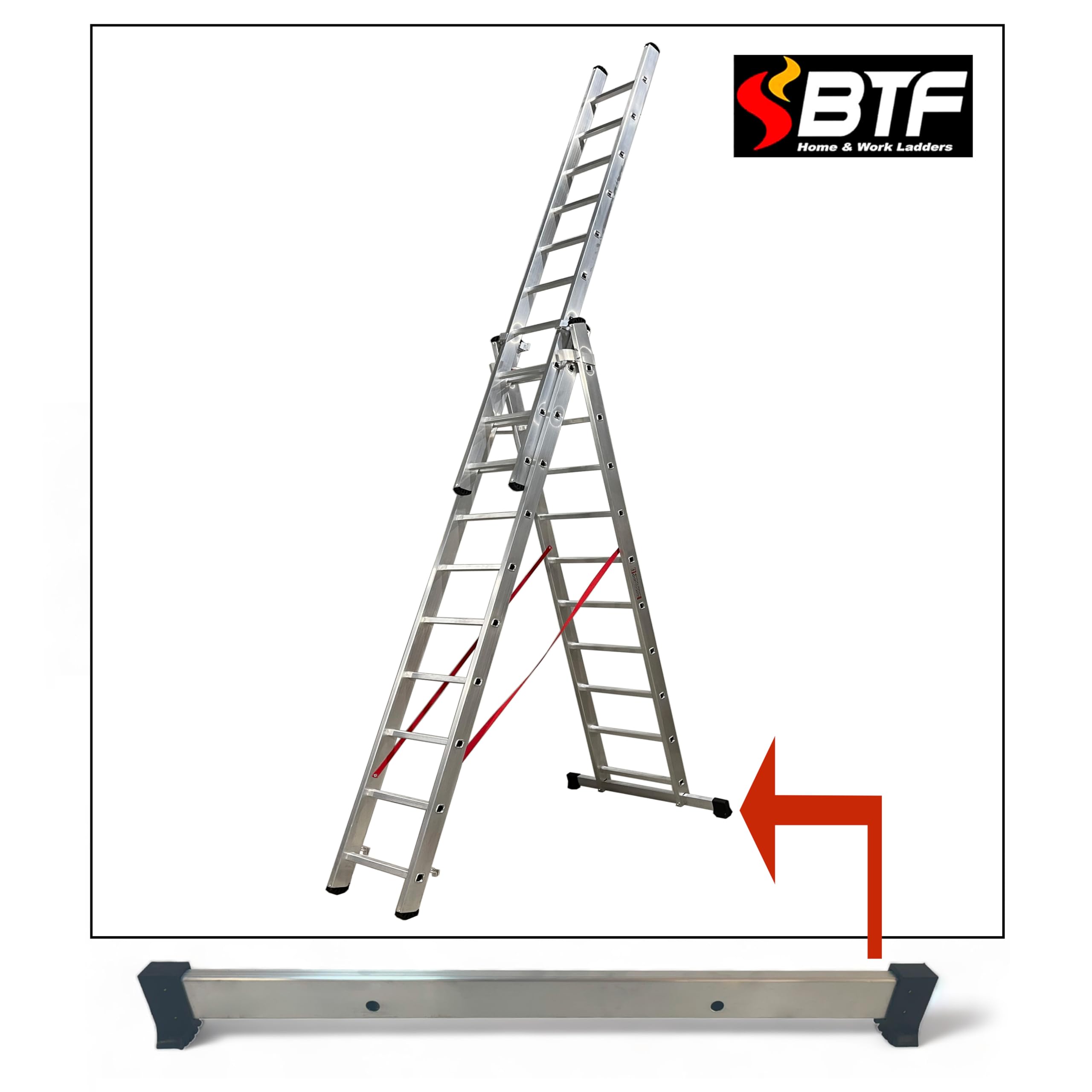 BTF | Base Estabilizadora Escaleras Industriales 110 cm de Largo, Perfil 65x25 mm | Distancia Entre Agujeros 435 ± 5 mm | 2 o 3 tramos por Encima de los 3,0 Metros de Alto. BTF-BEST110