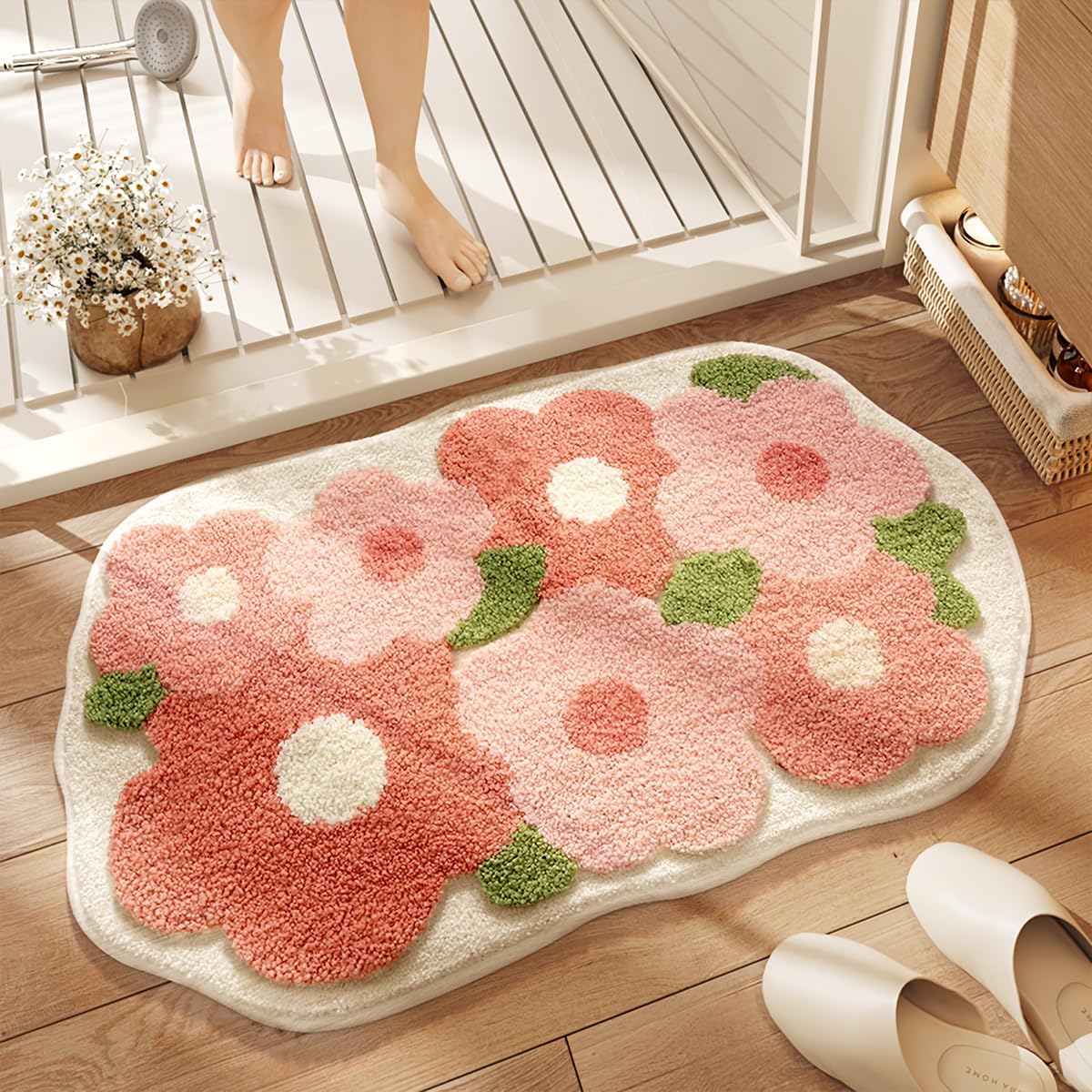 Loismood Floral Bathroom Mat Cute Absorbent and Non Slip Bath Rug Machine Washable Bath Rug for Dining Room, Kitchen and Living Room (23"x16", Pink