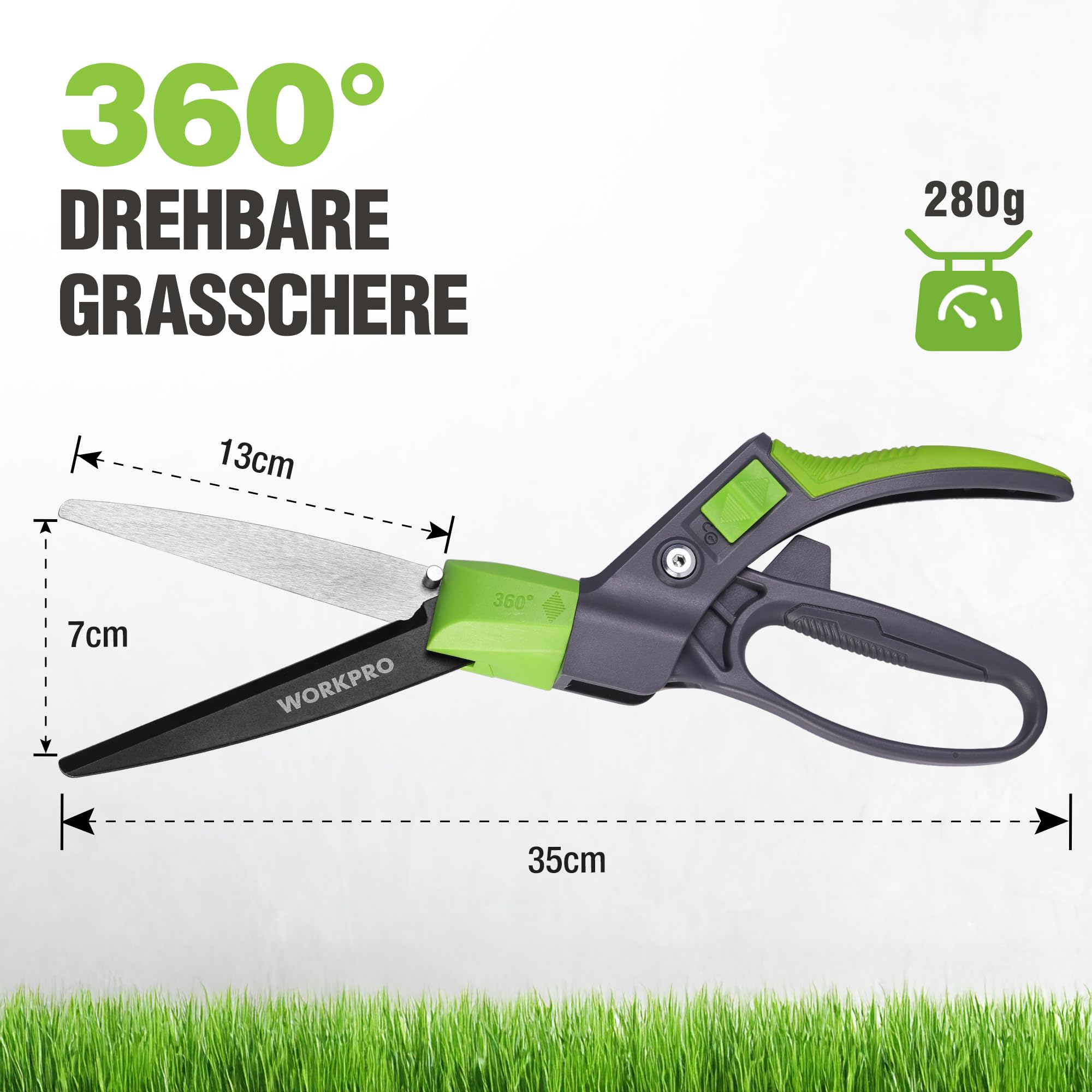 WORKPRO 360° Drehbare Grasschere 350mm, Rasenschere mit Ergonomischem Griff, Sicherheitsverschluss, Beschichtete Klingen für Langlebigkeit und Rostschutz, Ideal für Rasen, Pflanzen und Bonsai