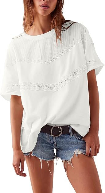 Kumufenc Womens Summer Casual Cotton Tops Lace Crochet Eyelet Shirts Crewneck Short Sleeve Blouses