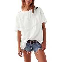 Kumufenc Womens Summer Casual Cotton Tops Lace Crochet Eyelet Shirts Crewneck Short Sleeve Blouses