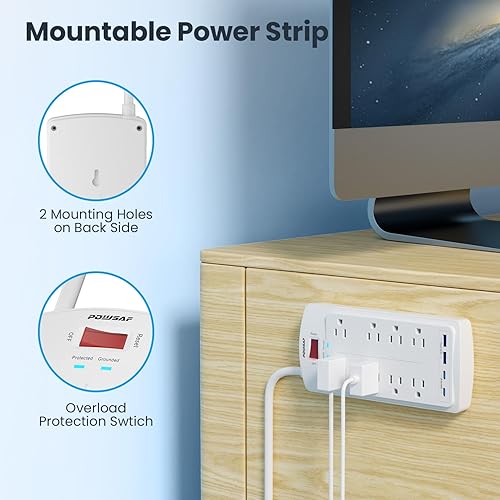 Miniatura 4 de POWSAF - Protector de sobretensiones de 8 tomas, cable de extensión de enchufe plano de 5 pies con 2 puertos USB-C (PD 20W) de carga rápida y 2