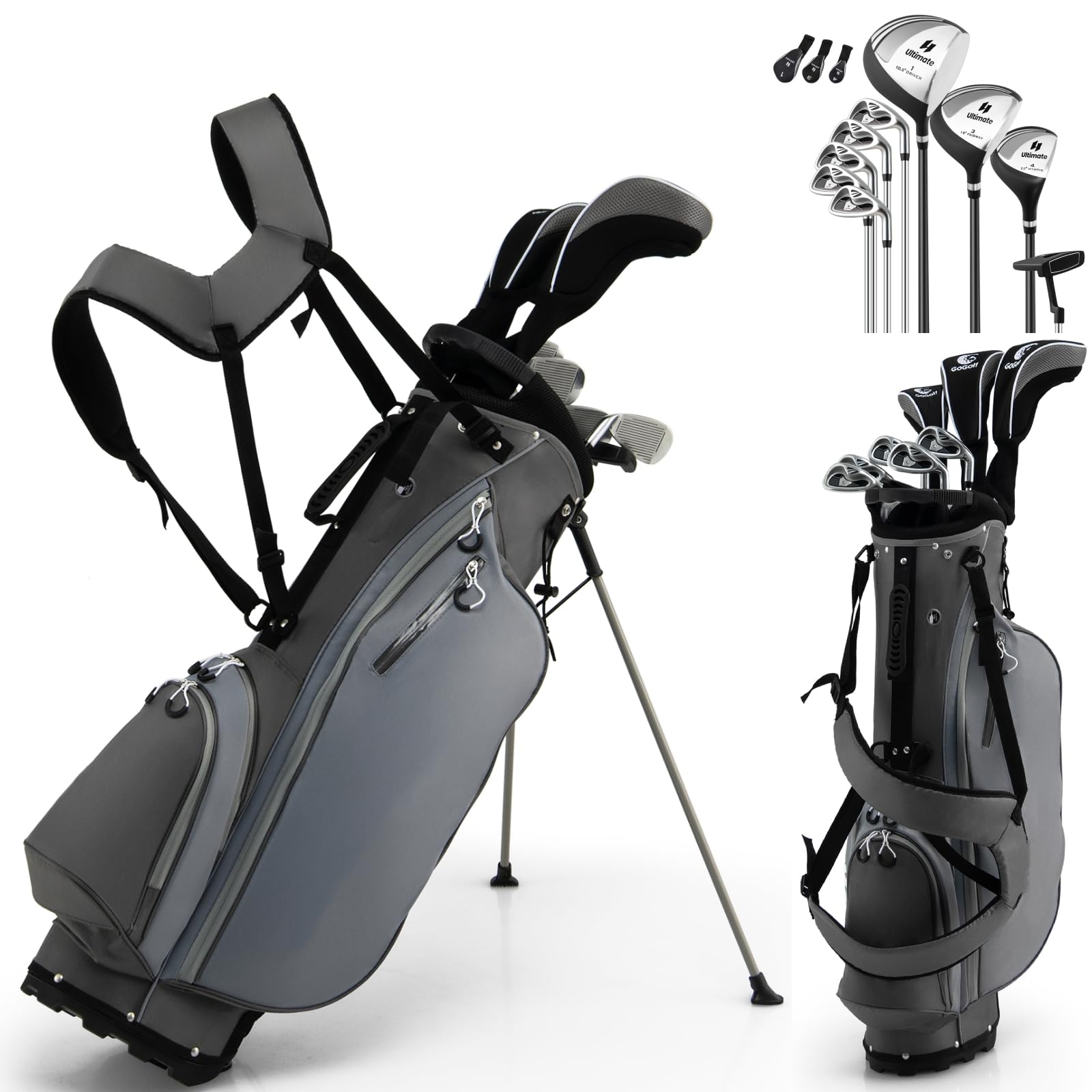 GYMAX Golf Club Set, Complete Right Handed Golf Clubs Set with 460cc Alloy Driver, 3# Fairway Wood, 4# Hybrid, 6#, 7#, 8#, 9# & P# Irons, Free Putter and Stand Bag, Adult Golf Package Sets