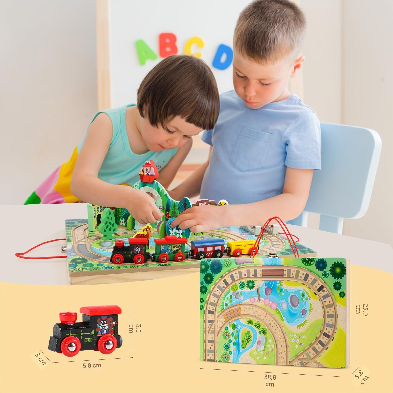 Jacootoys in legno 18 PZ Train Track Set per i bambini, ferrovia, 4 treni, pezzi di gioco, ponte per le età 3 + ragazze Ragazzi Regali