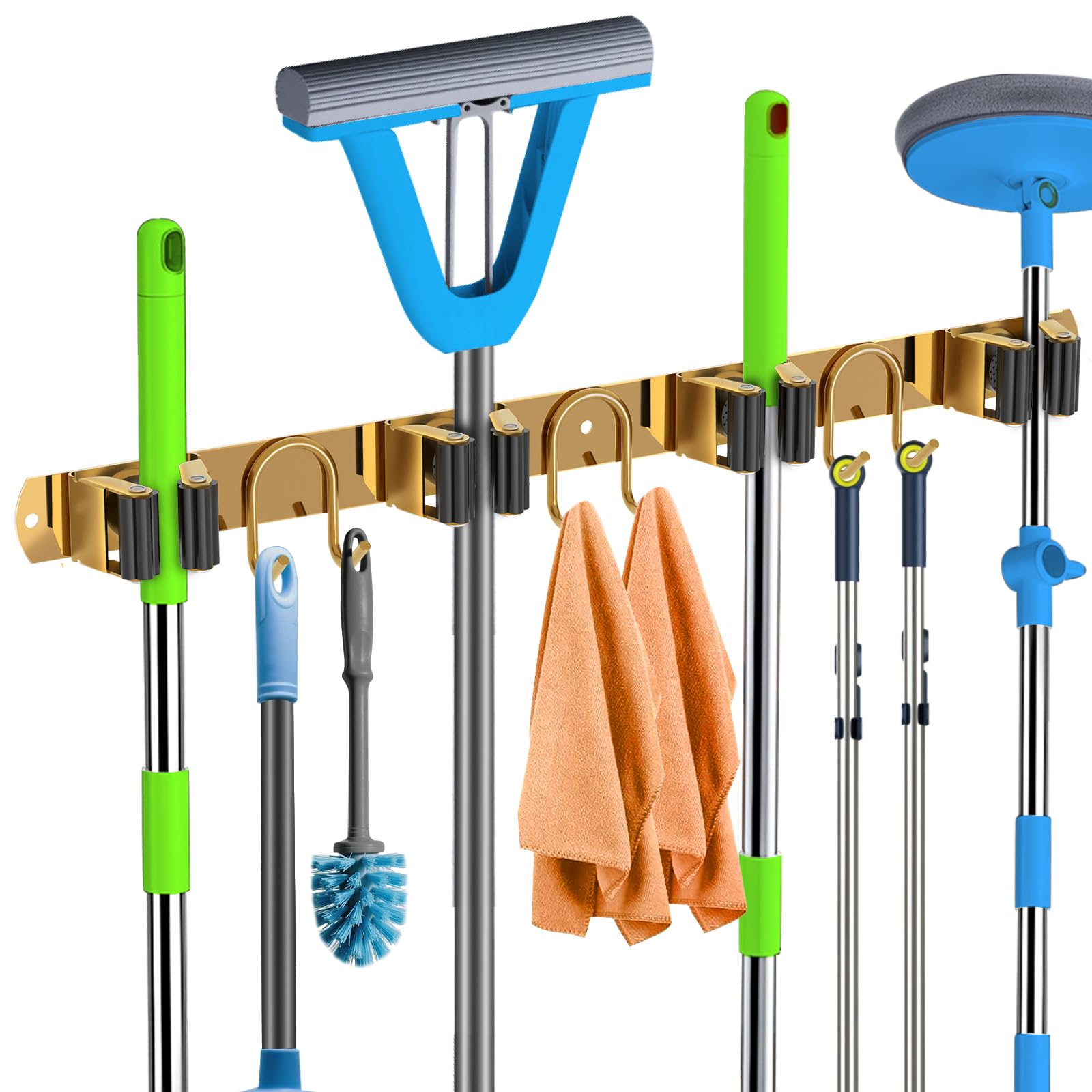 Photo 1 of GUUKAR Mop Broom Holder Wall Mount, Gold Stainless Steel Tool Storage Organizer for Kitchen Garden Garage Laundry Room Bathroom and RV with 4 Slots 6 Hooks