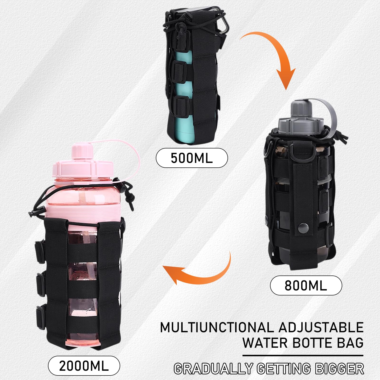 Colexy Bolsa táctica para Botellas de Agua, Ajustable Mochila Jaula para Botella de Agua, Material de Nylon con cordón, Adecuado para Correr, Senderismo,Ciclismo,Camping (Negro)