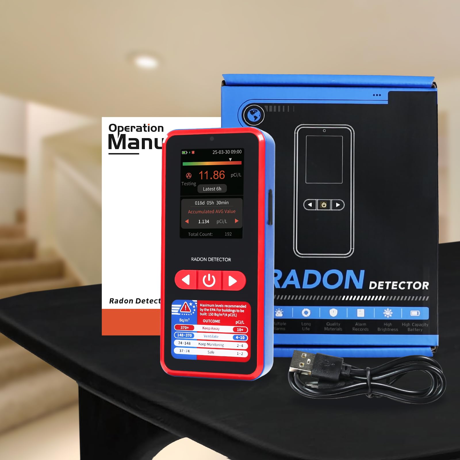 Détecteur de Gaz Radon Capteur Semi-Conducteur Haute Sensibilité, Surveillance Précise des Radiations en Temps Réel Écran TFT