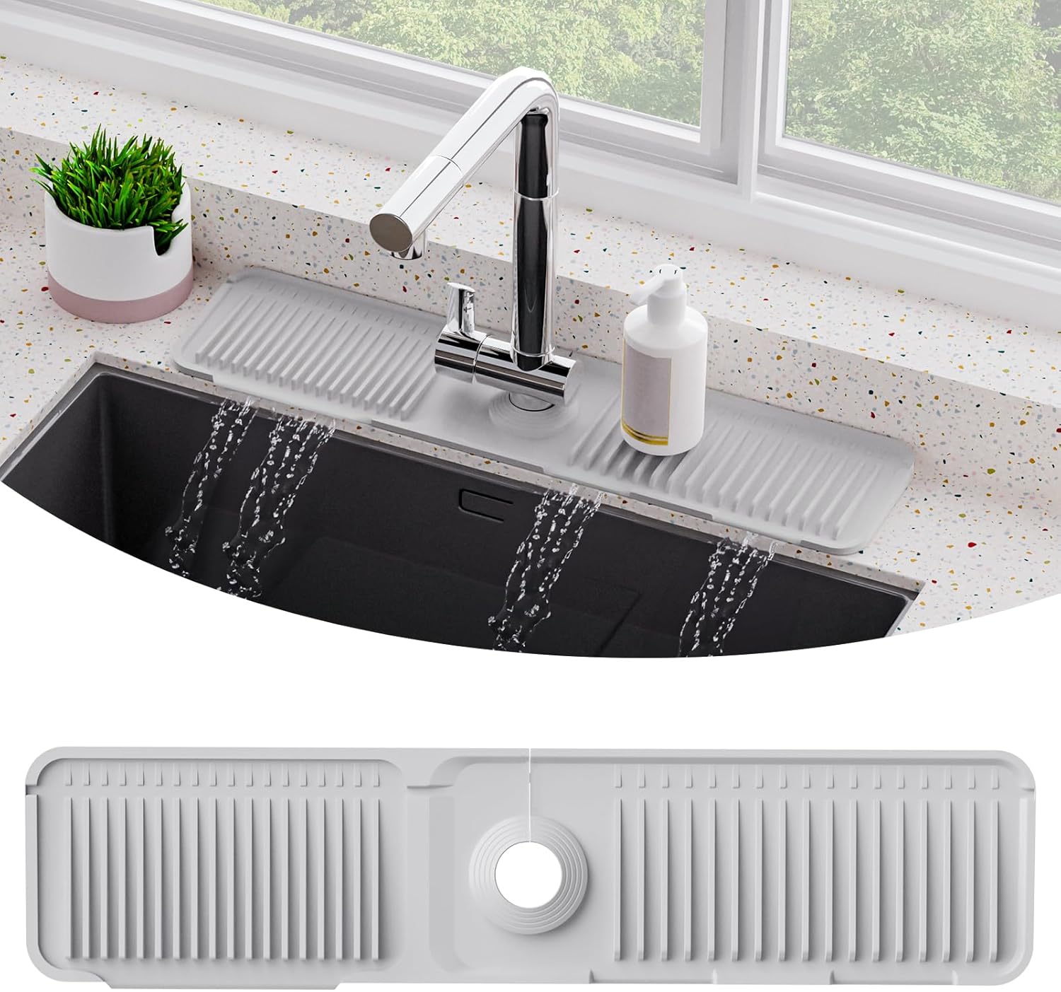 6 Slope kitchen Sink Splash Guard,Foldable Silicone Faucet Handle Drip Catcher Tray Mat for Kitchen Sink Accessories Gadgets,Drying Mat for Kitchen Counter Bathroom (Gray, Large) Gray Large